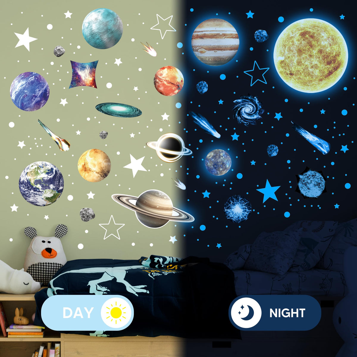 Glow in The Dark Stars and Planets for Ceiling, Robmoda Glow Solar System Wall Stickers, Space Wall Decals for Kids Boys Room (Blue)