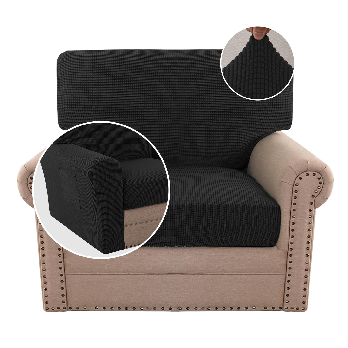 H.VERSAILTEX Multi-Pieces Chair Covers Stretch Couch Covers Form Fitted Seat and Back Cushions Covers (1 Seat Cover Plus 1 Back Cusion Cover, Bonus 2 Armrest Covers), Black