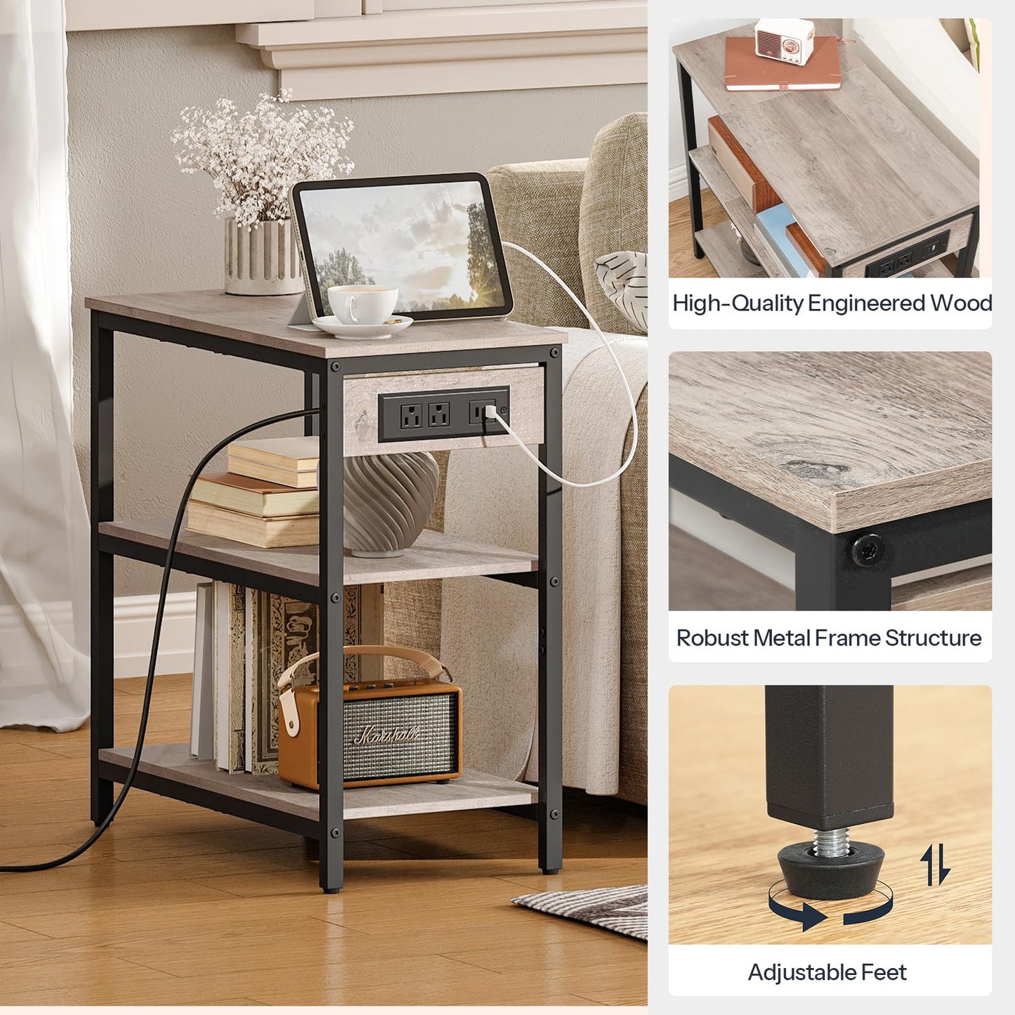 HOOBRO End Table with Charging Station, Side Table with 3 Tier Storage Shelf, Narrow Nightstand for Small Spaces, for Living Room, Bedroom, Easy Assembly, Greige and Black BG149UBZ01