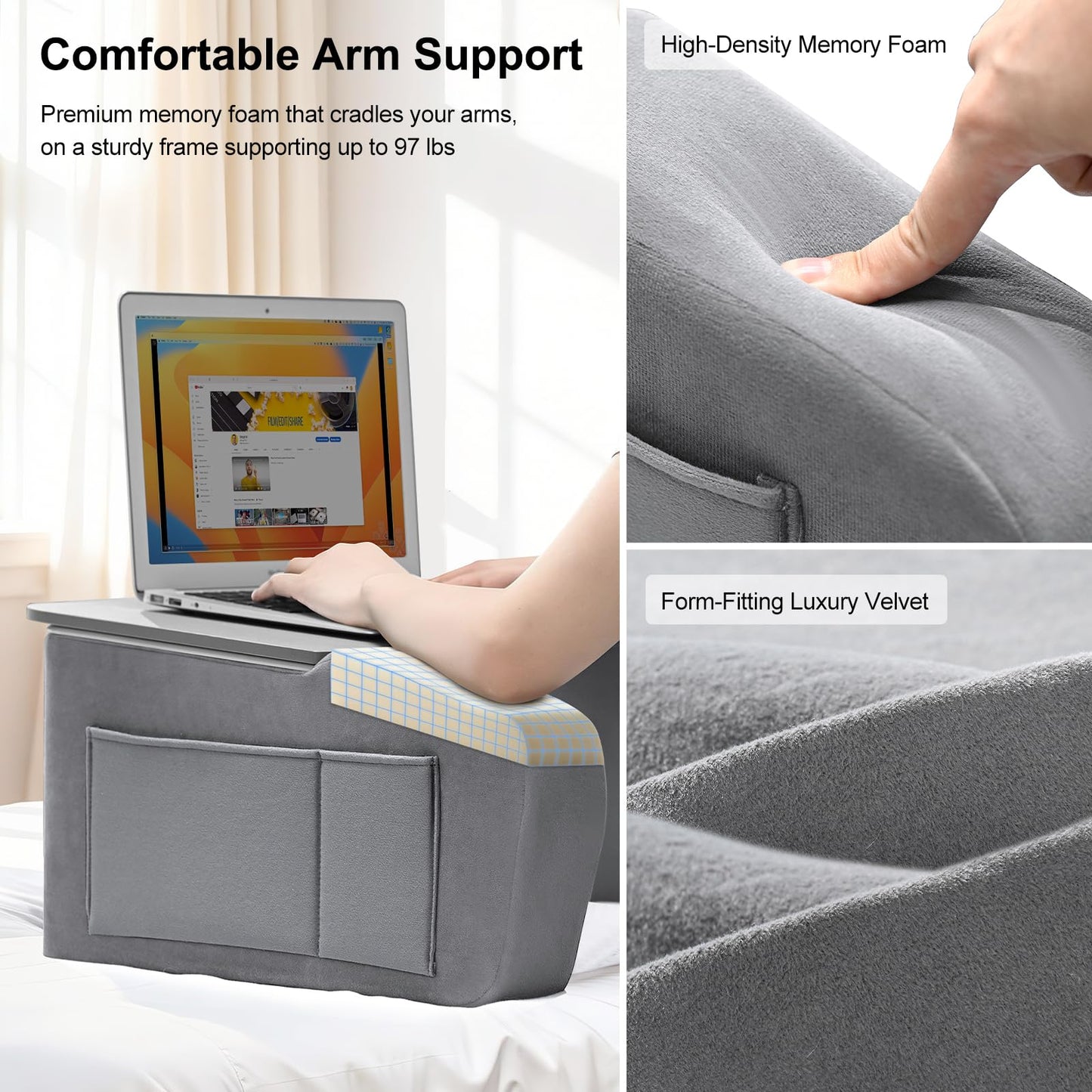 Lap Desk for Adults with Arm Rests,Ergonomic Laptop Pillow Stand for Bed,Couch,Floor,Large Table for Long Hours Work,Eating,Gaming,Reading and Writing,Lap Laptop Desk for College Dorm Room (Grey)