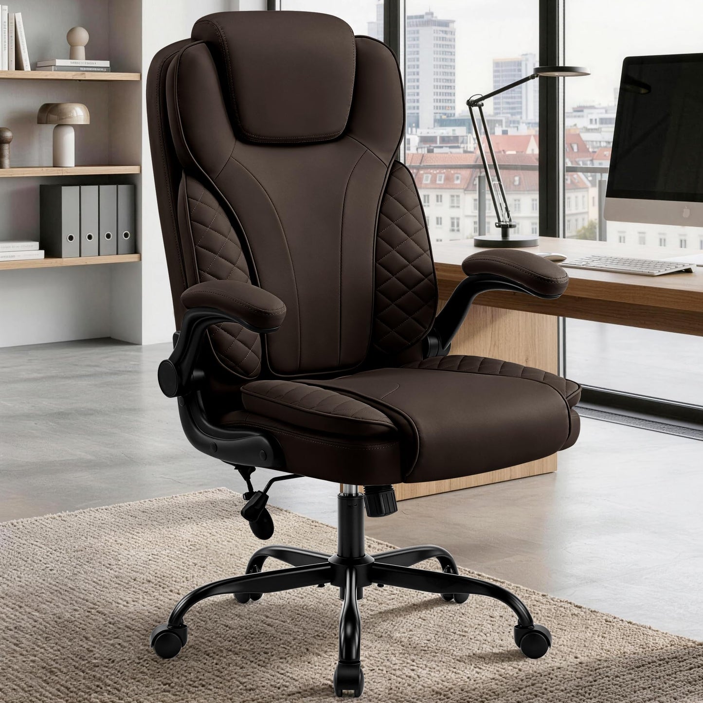 Hayelf Ergonomic Office Chair, PU Leather High Back Executive Chair with Adjustable Inflatable Lumbar Support and Padded Flip-Up Arms, Recline Swivel Task Computer Chair for Home Office, Dark Brown