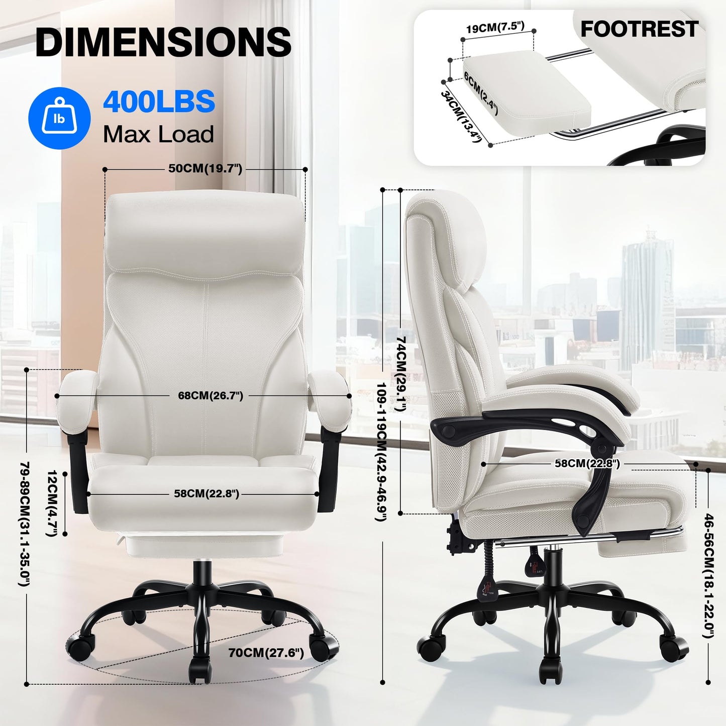 AreShark Office Chair - Ergonomic Comfortable High Back Computer Desk Chair with Foot Rest - Executive Breathable Swivel Rolling Reclining Leather Chair with Lumbar Support for Home Gaming Relaxing