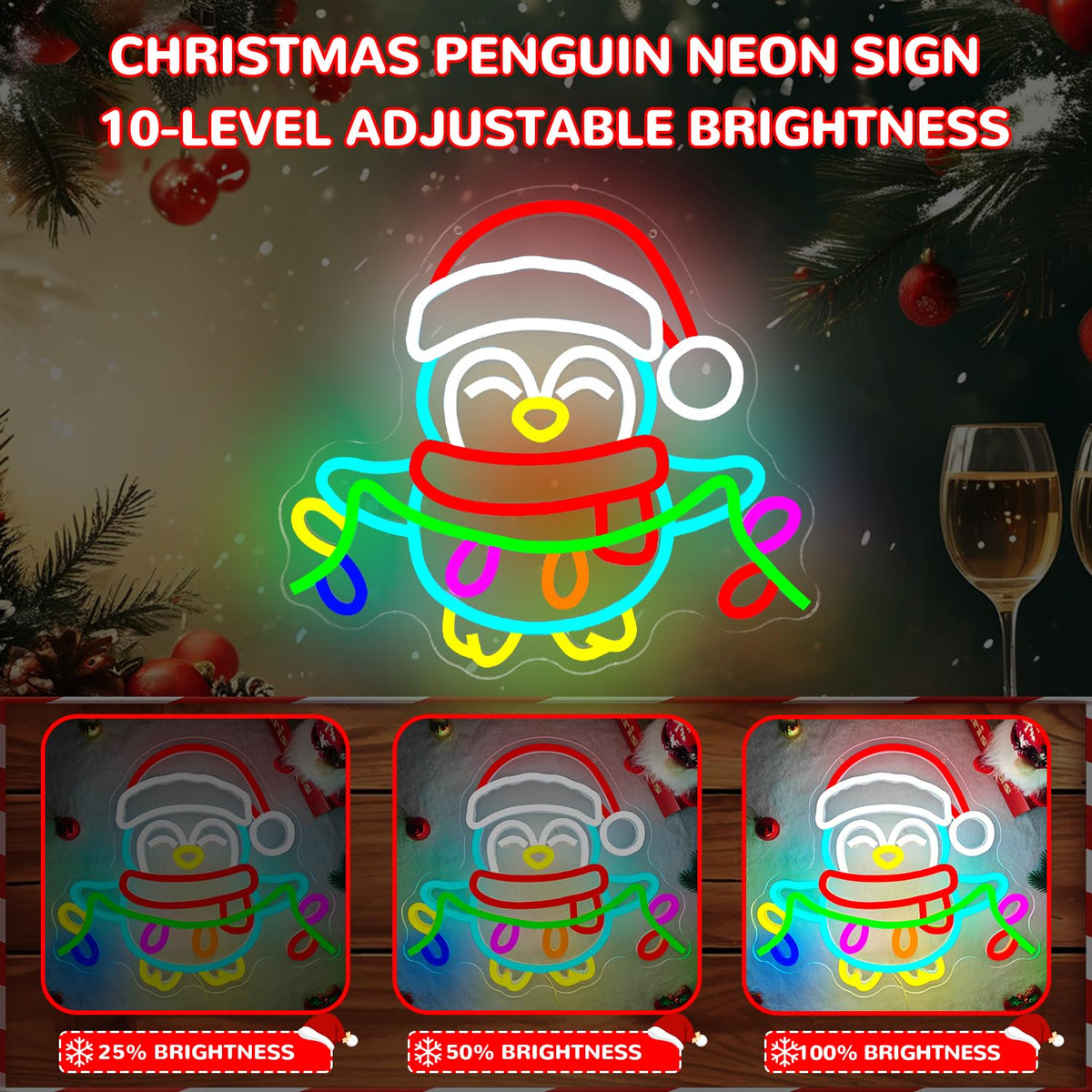 hhuohuona Christmas Penguin Neon Sign Dimmable Neon Christmas Signs Penguin With Lights Led Xmas Light Up Sign Winter Wall Art for Room Decor Penguins Lovers Gift