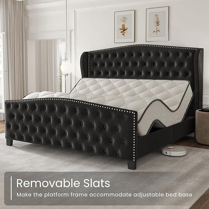 LARMACE King Size Bed Frame Velvet Upholstered Platform Bed