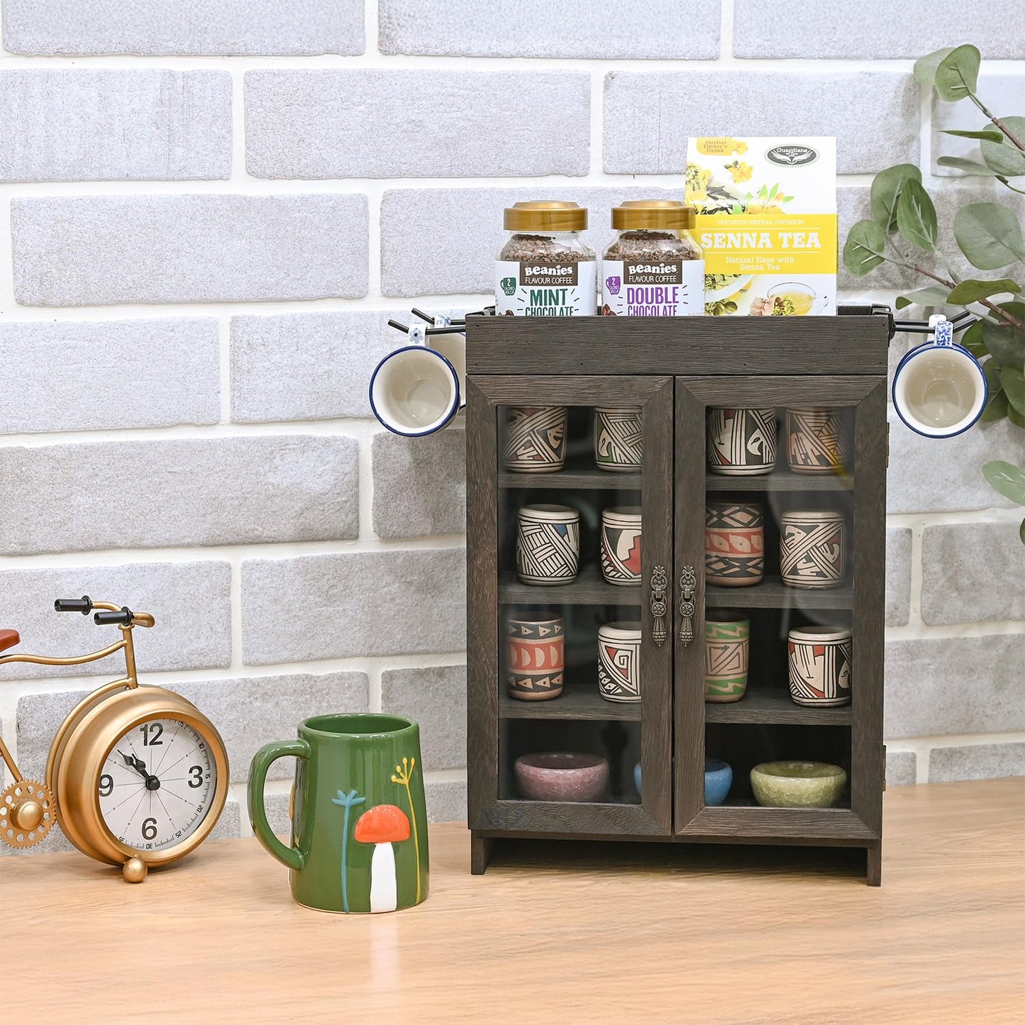 Ikee Design Small Wooden Countertop Storage Cabinet with Adjustable Shelves and Removable Hooks, Perfect for Perfume, Pantry, Essential Oil, 10.4W x 6.1D x 14.4H in, Dark Brown