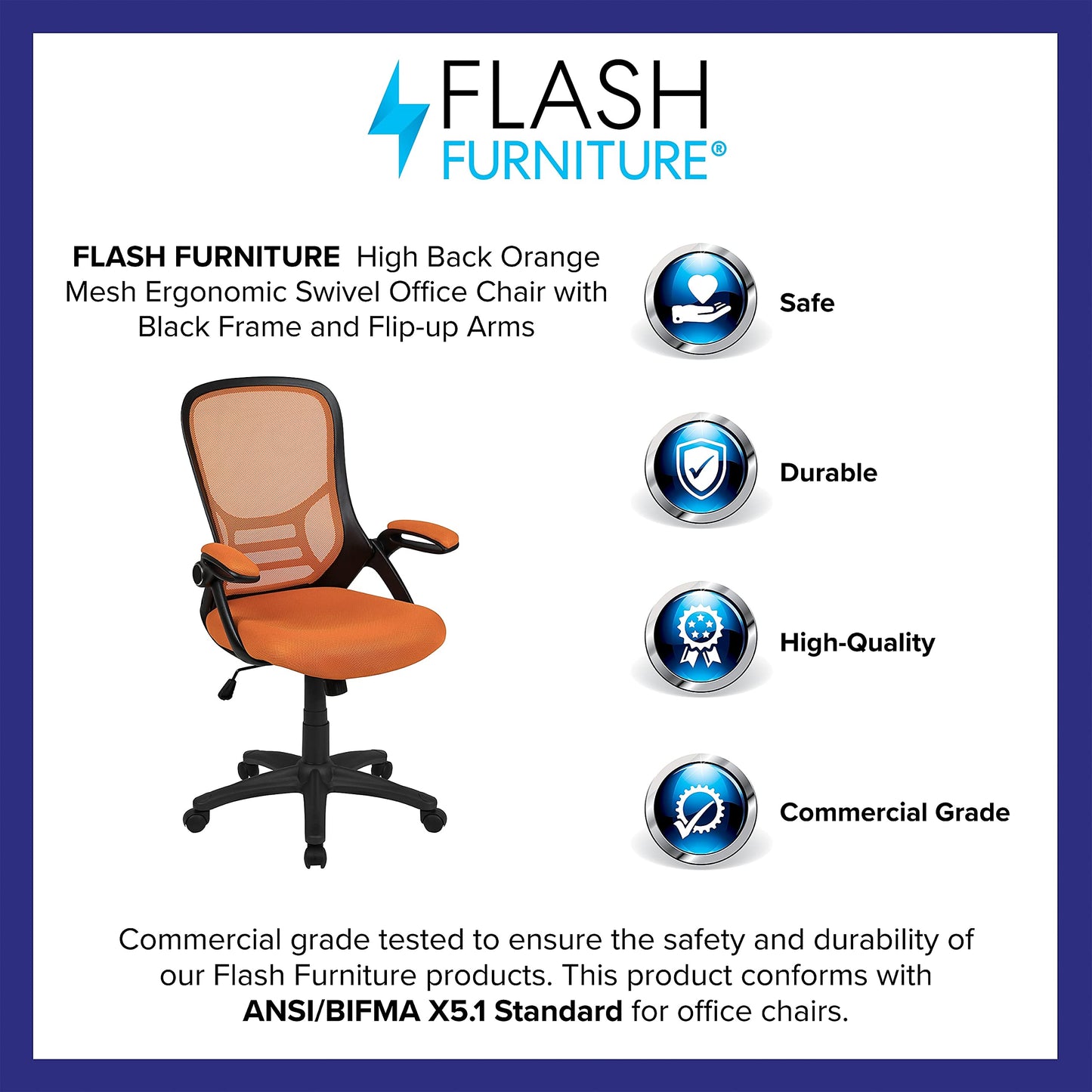 Flash Furniture Porter Mesh High Back Ergonomic Swivel Office Chair with Lumbar Support, Flip-Up Arms, Tilt Lock/Tilt Tension, Height Adjustable, Black/Black Frame