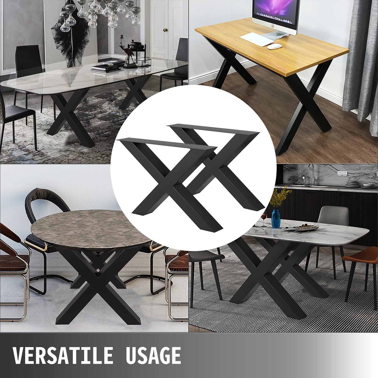 VEVOR Set of 2 Steel Table Legs, 28 Height 31 Wide Dining Table Legs,Heavy Duty 3.1" Square Box Section X Frame Table Legs,28x31x3.1 Inch Black Color Industrial Country Style Metal Dining Legs