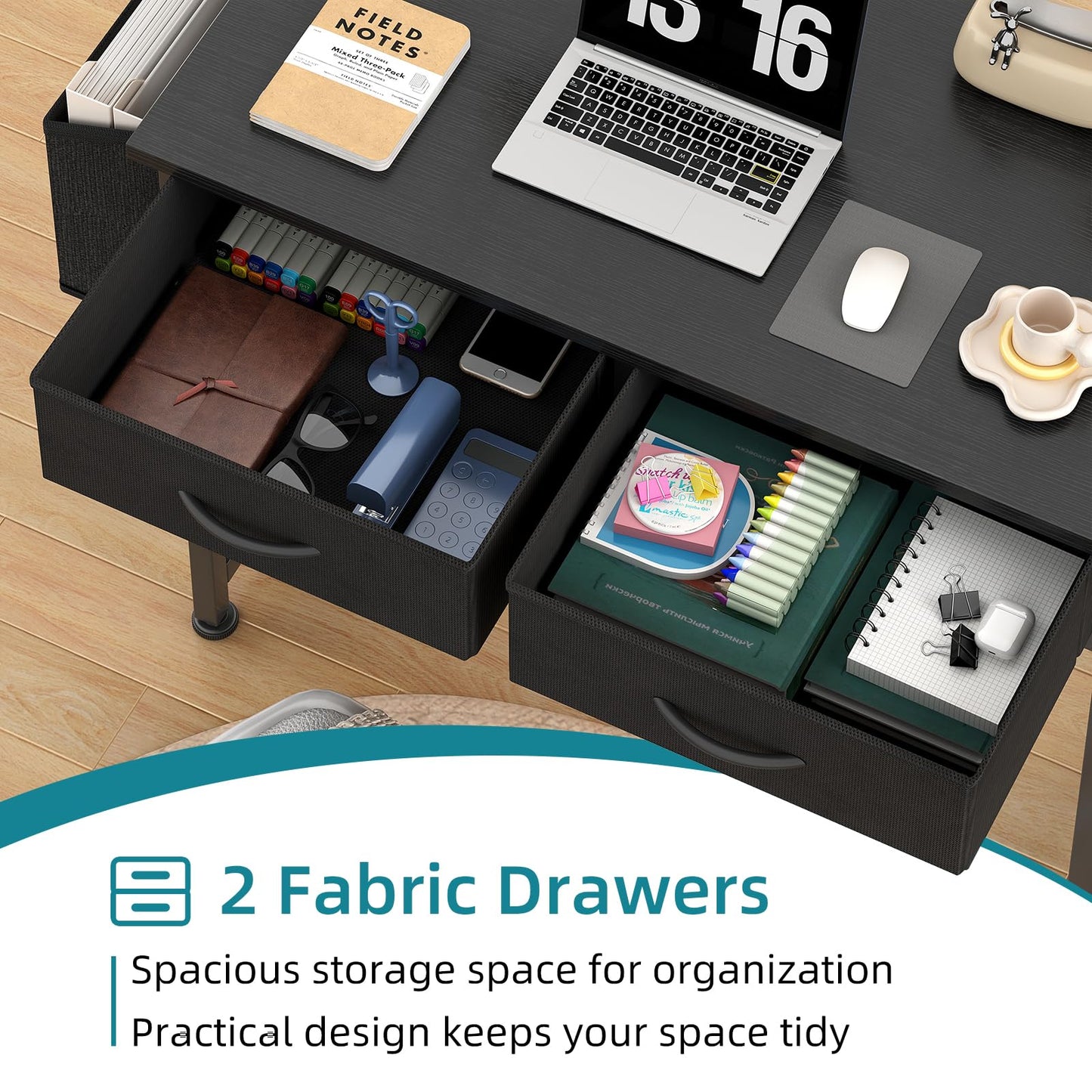 CAIYUN Computer Office Desk for Small Space with Fabric Drawers, Home Office Desk for Bedroom with Side Pocket and Hook, 31 Inch Kid’s Desk, Writing Desk, Study Table and Work Desk, Black