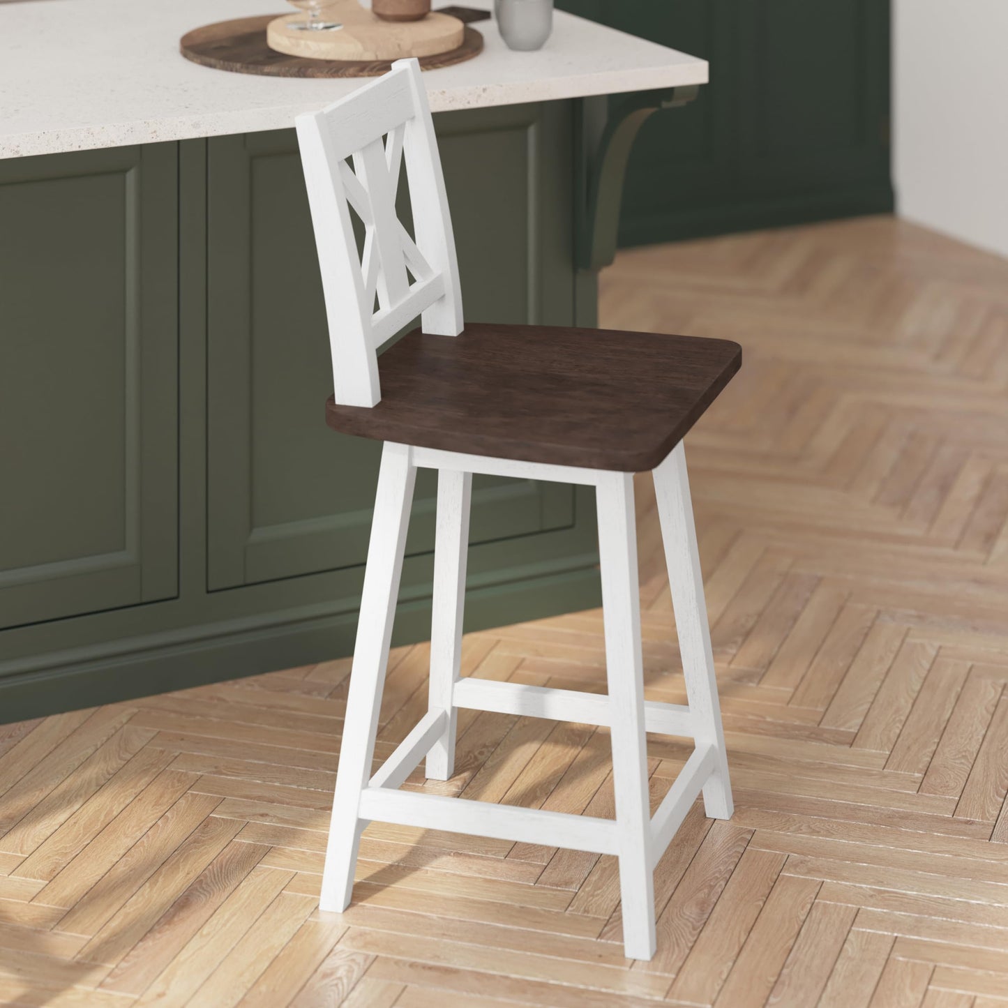 Flash Furniture Gwendolyn Commercial Modern Farmhouse Barstool - Antique White Wash Frame - Gray Wash Seat - Counter Height - 360° Swivel Seat - Integrated Footrest