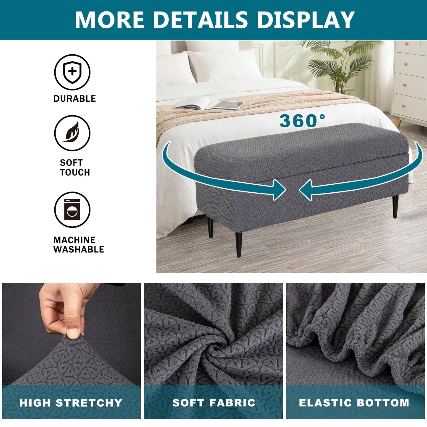 KRFOONN Rectangle Ottoman Covers Stretch Folding Storage Ottoman Bench Cover Jacquard Storage Ottoman Folding Footrest Stool Slipcover Furniture Protector for Living Room Bedroom Bench (Large, 39)