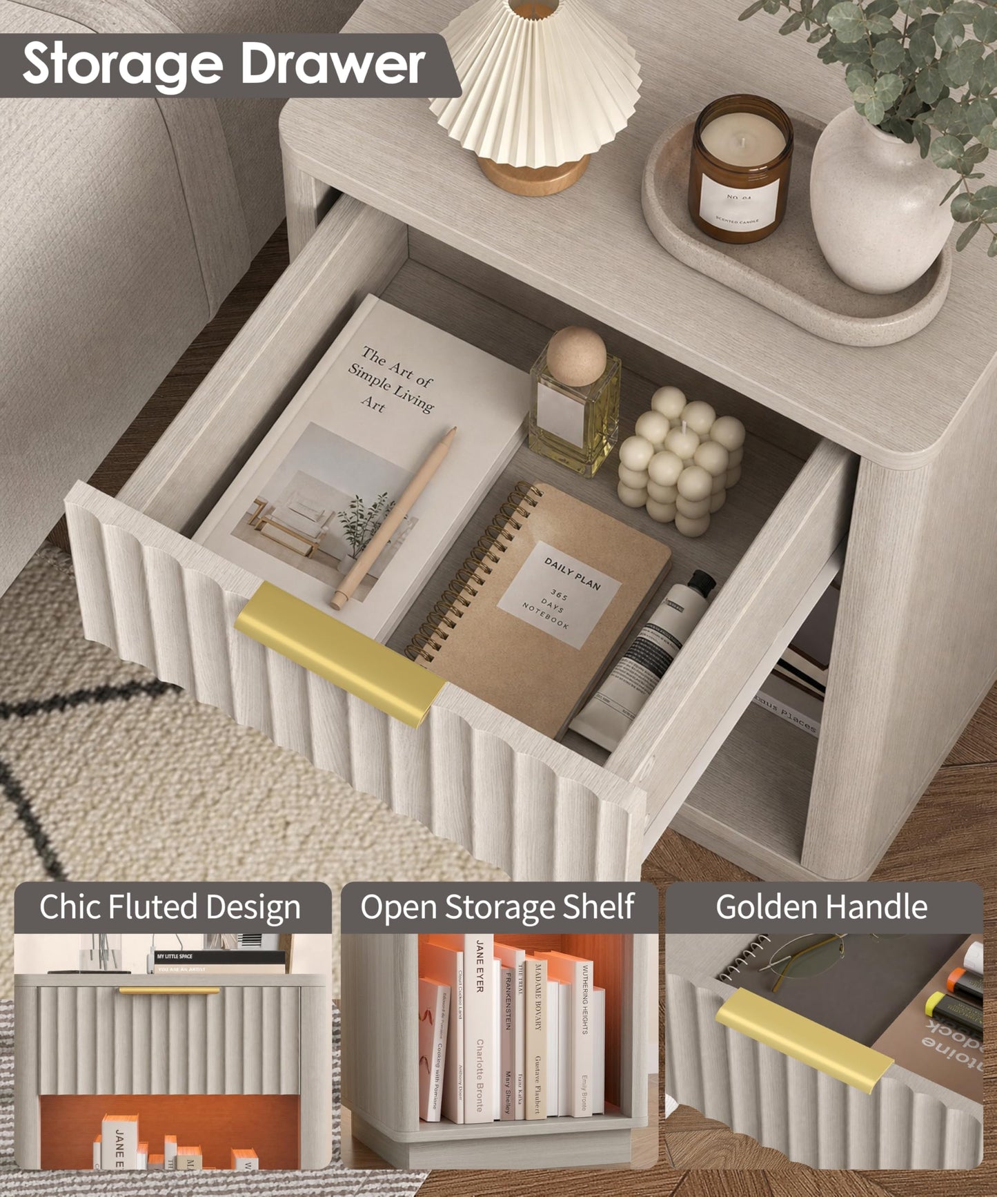 Akxomel Fluted Nightstands Set of 2, Wooden Night Stand with Charging Station and LED Light, Modern Mid Century Bed Side End Table with Drawer, 15" D x 15.7" W x 22.6" H, for Bedroom, White Alder