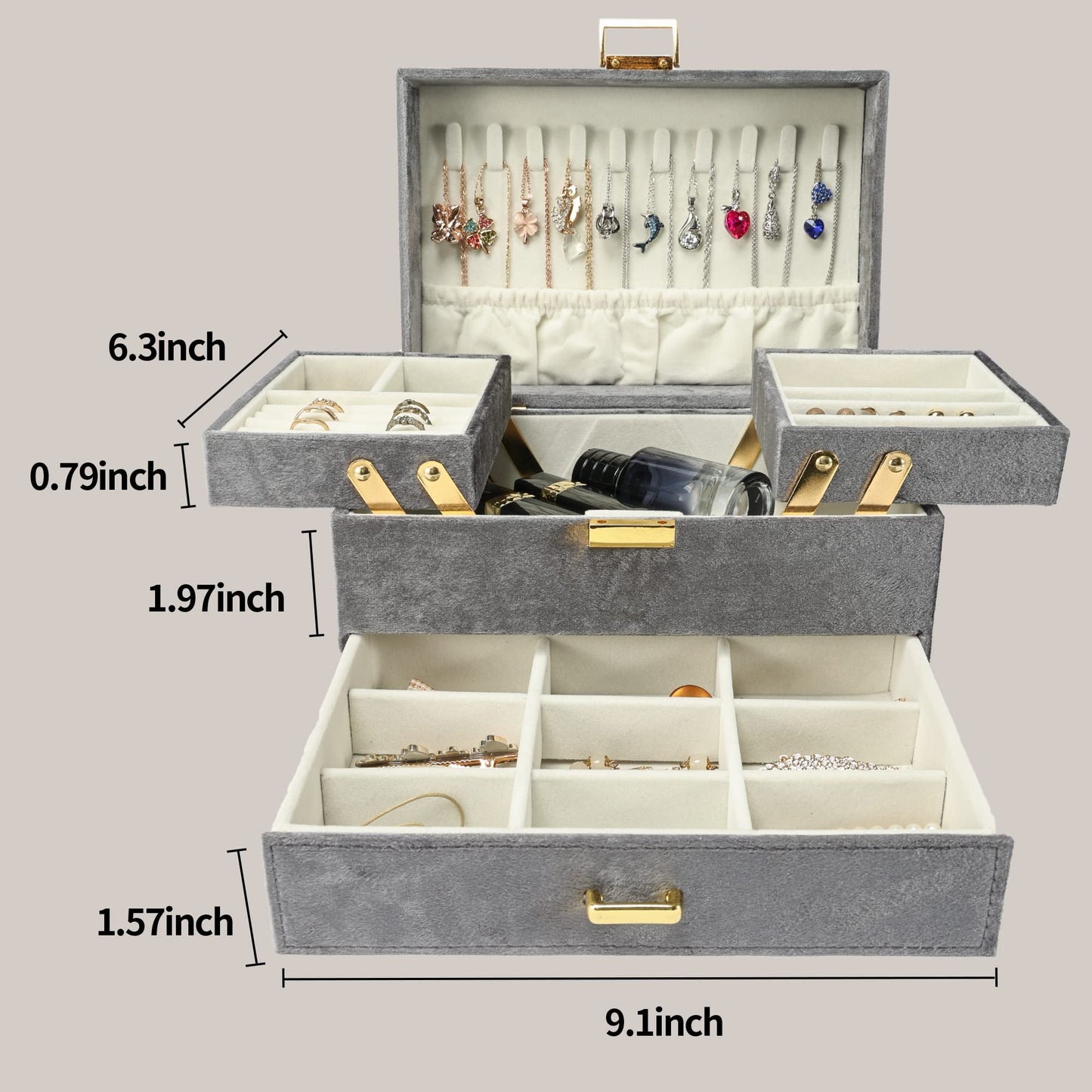 Dajasan Jewelry Organizer Box, Large Velvet Jewelry Boxes for Women Girls, Space-Saving 3 Layers Jewelry Storage Case with Drawer, Movable Metal Stand, Modern, Gift Idea (Grey)