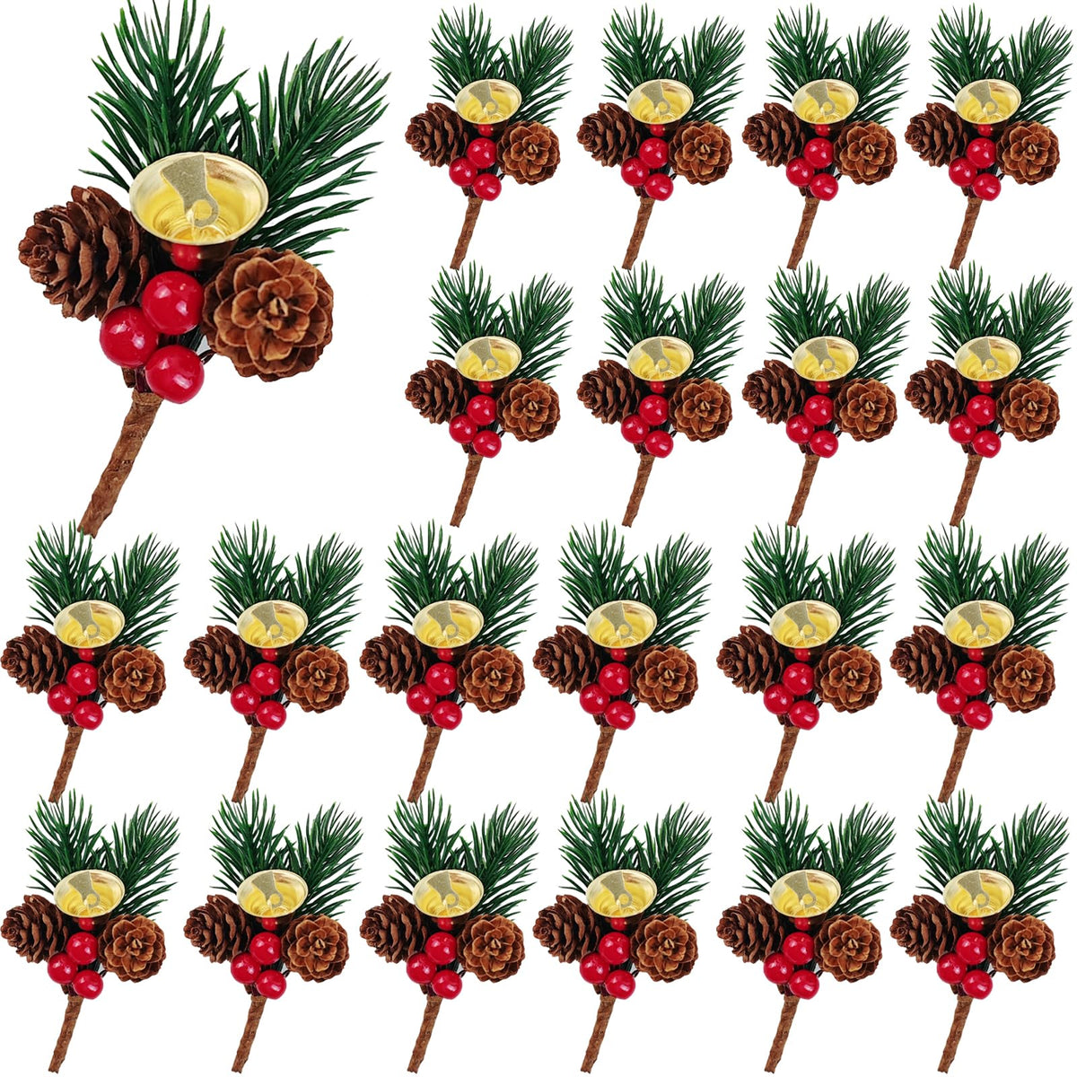 GXXMEI 25PCS Christmas Floral Pick with Jingle Bell, Pine Cone Holly Berry Stems for Crafts, Artificial Christmas Picks and Sprays for Christmas Home Decor, Garland, Wreath