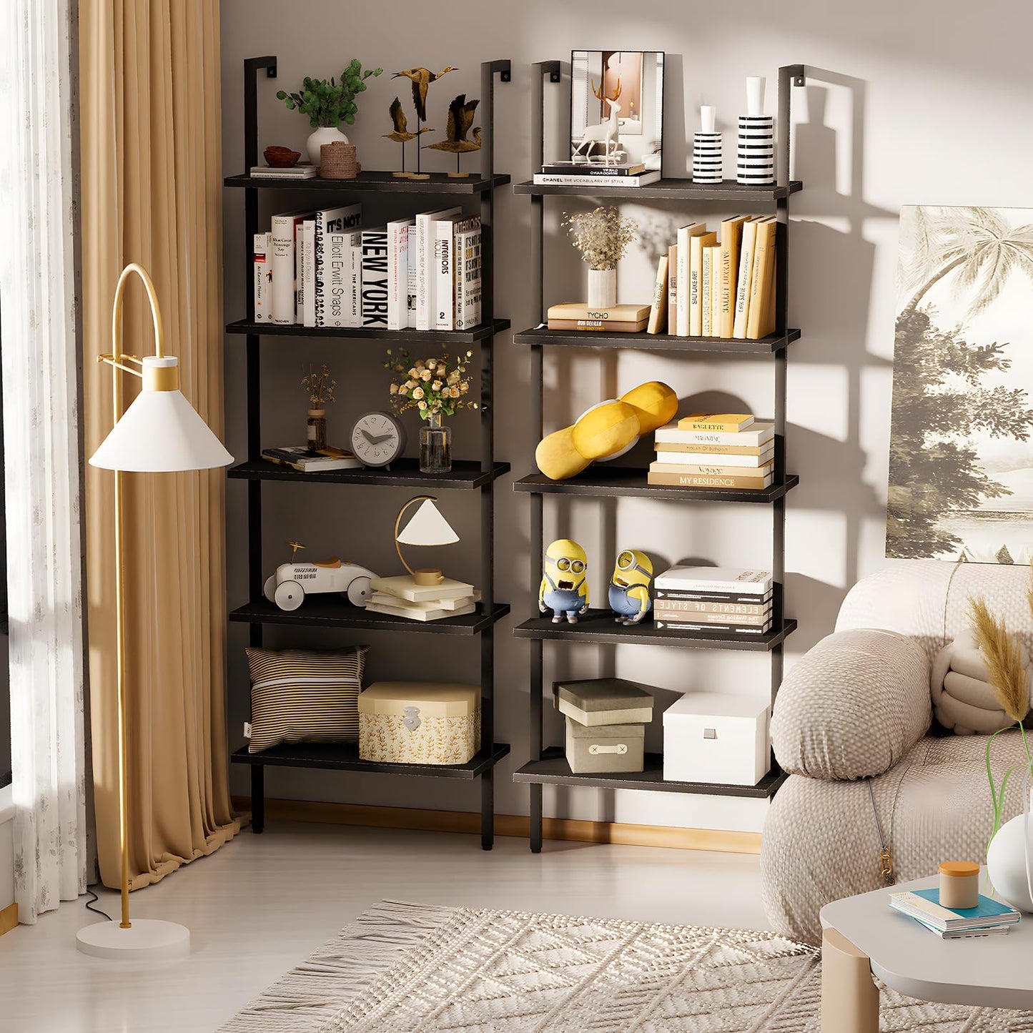 aboxoo Ladder Shelf Open 5-Tier Bookshelf Wall-Mounted Black Wood Bookcase Storage Rack Open Industrial Modern Plant Stand Utility Organizer Bookcase Metal Frame Furniture Office Bedroom