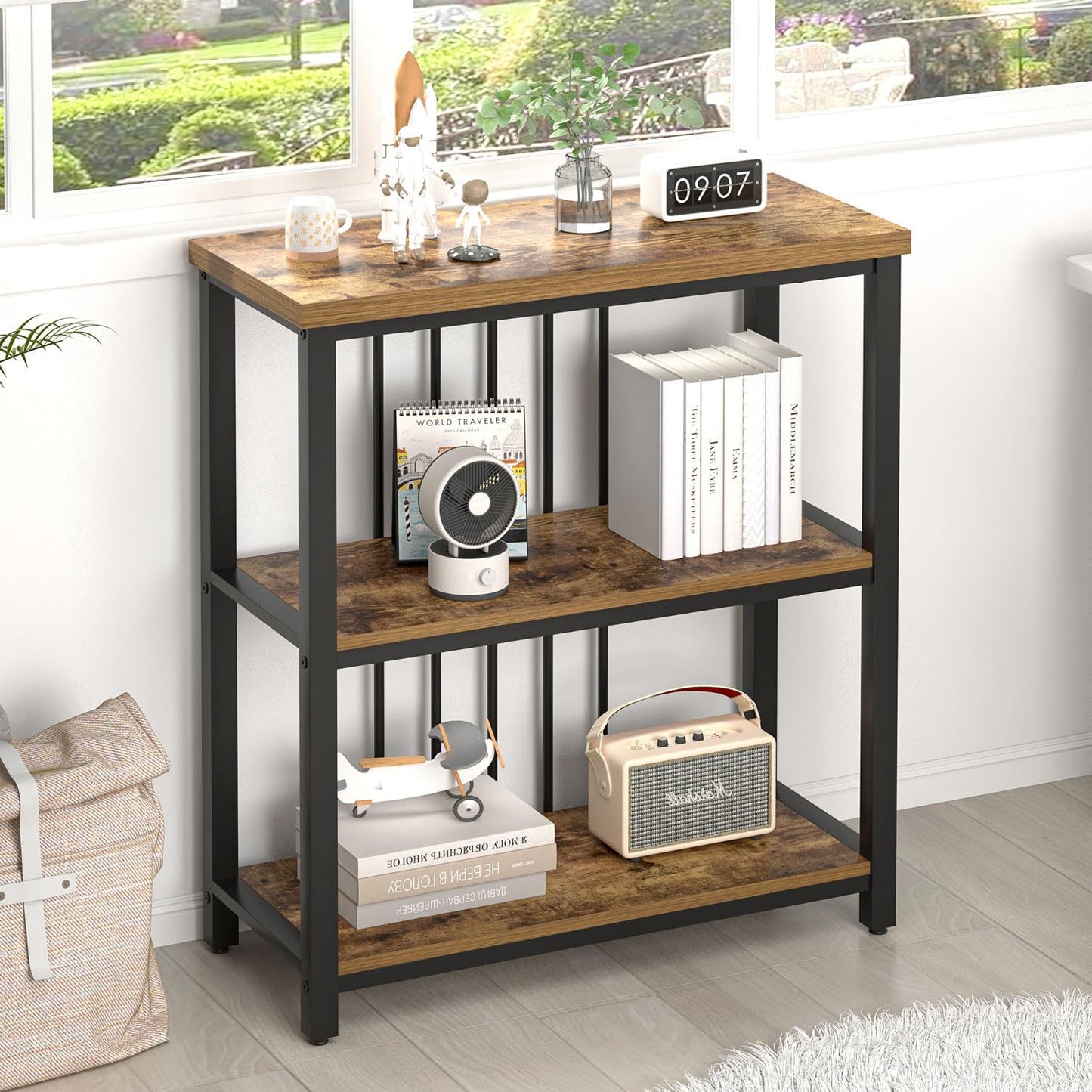 FOLUBAN 3 Tier Bookshelf, Industrial Wood and Metal Bookcase, Small Book Shelf for Home Office Bedroom Living Room, Rustic Brown