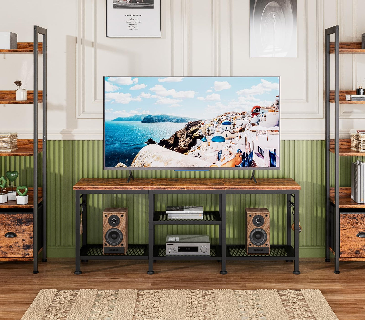 Furologee TV Stand for TVs up to 55 Inch, Entertainment Center with Open Storage Shelves, Media Console Table with Soundbar Shelf for Living Room, Bedroom, Rustic Brown