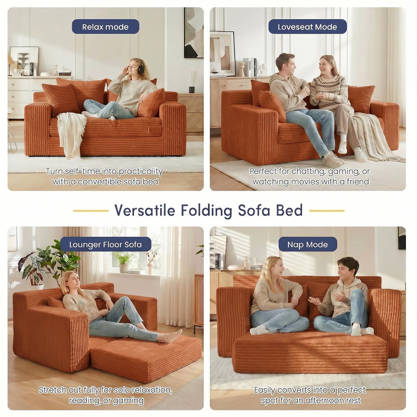 cidludto Convertible Sofa Bed, Boneless Couch 2 in 1 Loveseat Folding Couch Bed Foldable, Chair Bed & Futon Sofa Bed, Small Corduroy Pull Out Sofa with 4 Pillows for Living Room, Orange