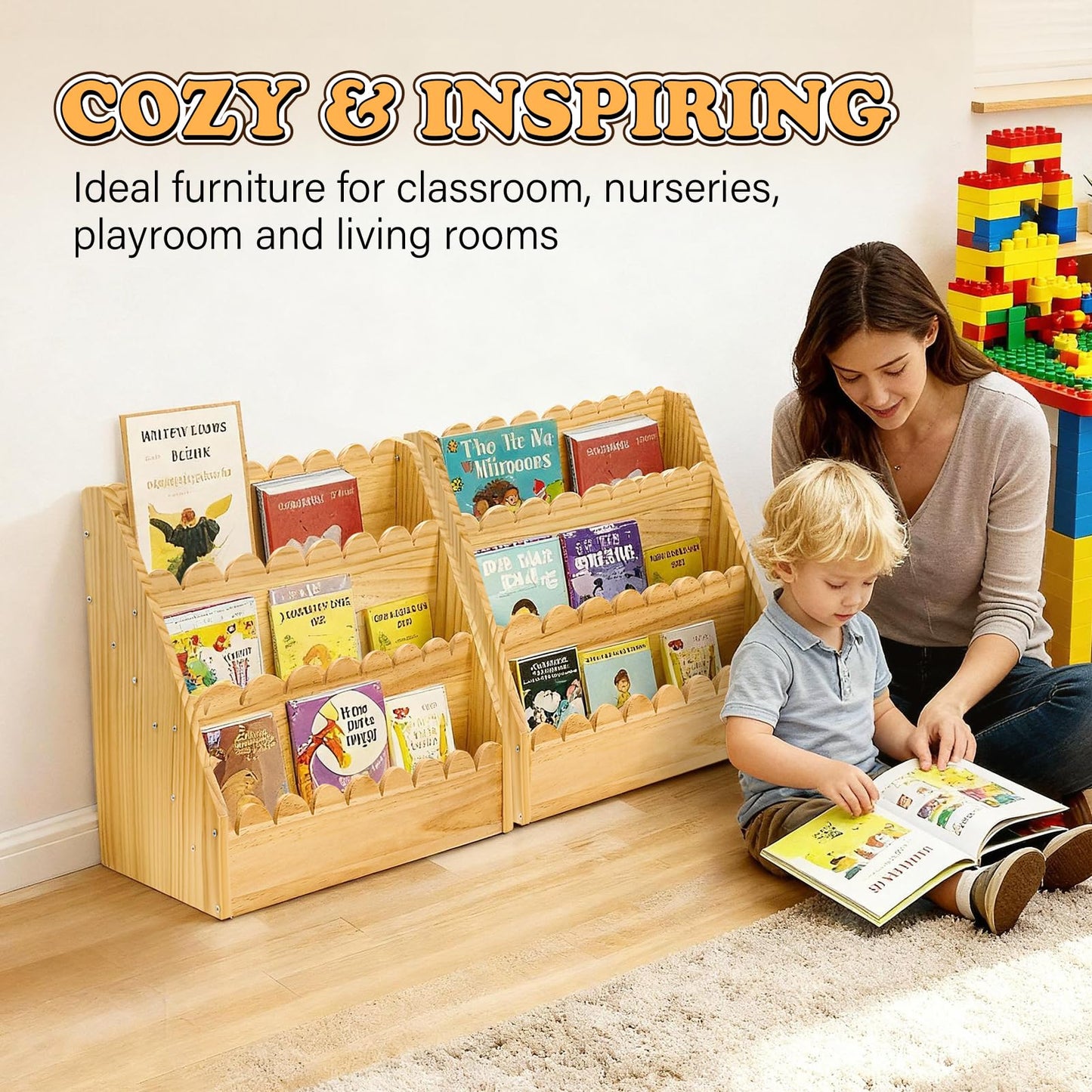 LILXIU 3-Tier Scalloped Bookshelf, Montessori Bookcase for Toddlers, Wooden Book Shelf for Kids Rooms, Playroom Nursery Classroom Organizer and Display Furniture