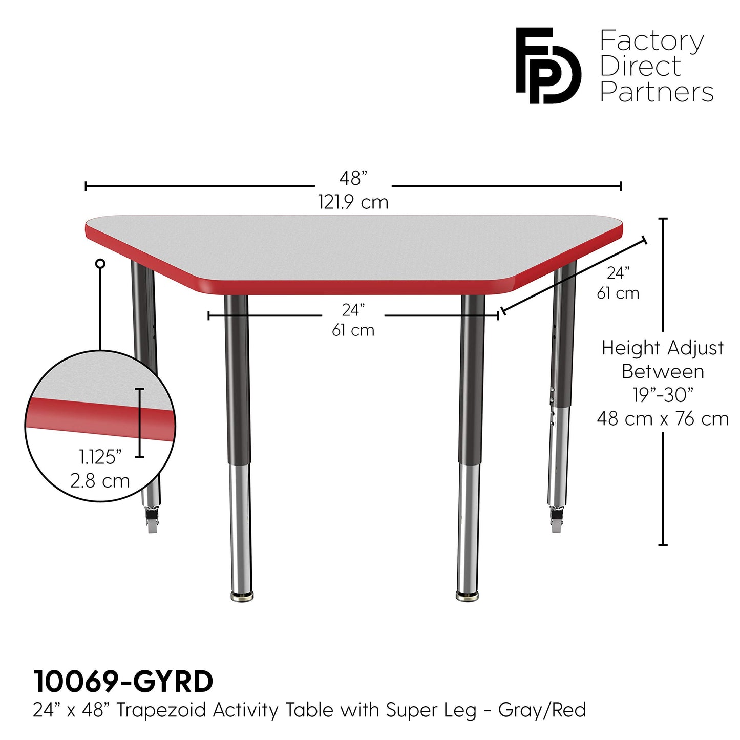 FDP Mobile Trapezoid Activity School and Office Table (24 x 48 inch), Super Legs with Glides and Casters for Collaborative Environments, Adjustable Height 19-30 inches - Gray Top and Red Edge