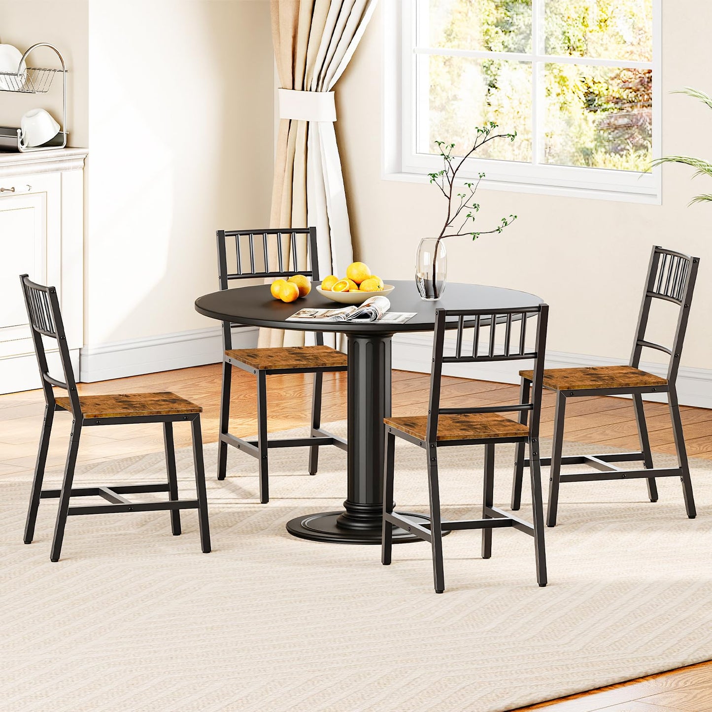 HOOBRO Dining Chairs Set of 4, Wooden Kitchen Chairs with Metal Frame, Industrial Dining Chairs with Back, Easy to Assemble, Farmhouse Dining Chairs for Living Room, Rustic Brown and Black BF39CDP401