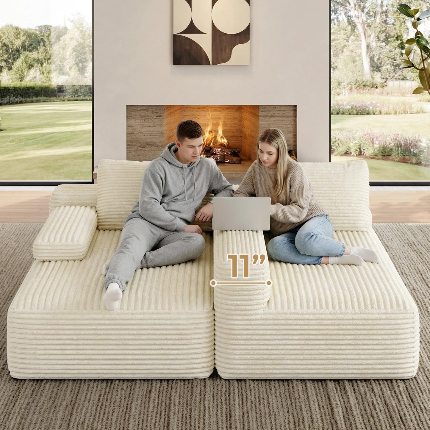 Yaheetech 110" Modular Sectional Sofa Corduroy Boneless Couch with Chaise L-Shape Cloud Couch with Detachable Pillows No Assembly Sofa for Living Room, Beige
