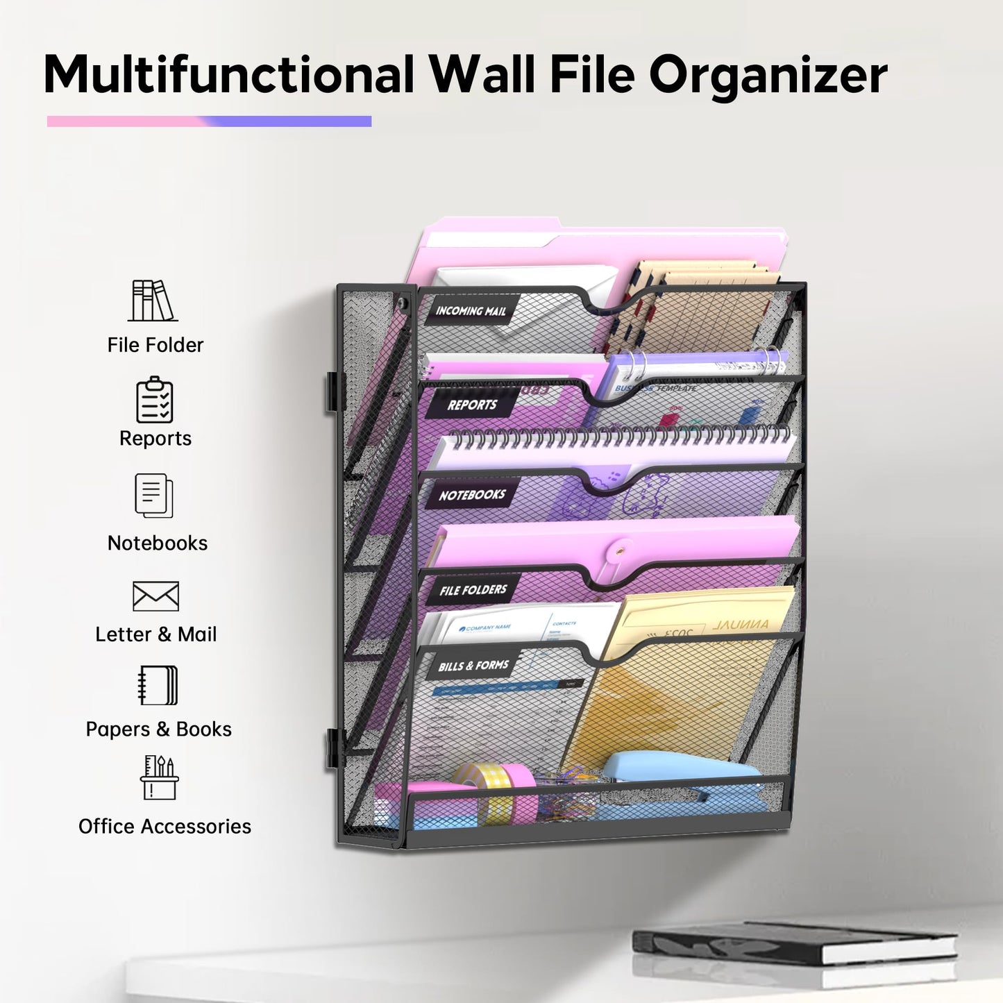 SUPEASY 6 Tier Wall File Organizer with Base, Vertical Hanging File Organizer, Wall Mounted File Holder for Mail, Documents & Folders, Metal Mesh Wall Organizer for Office Home School Classroom, Black
