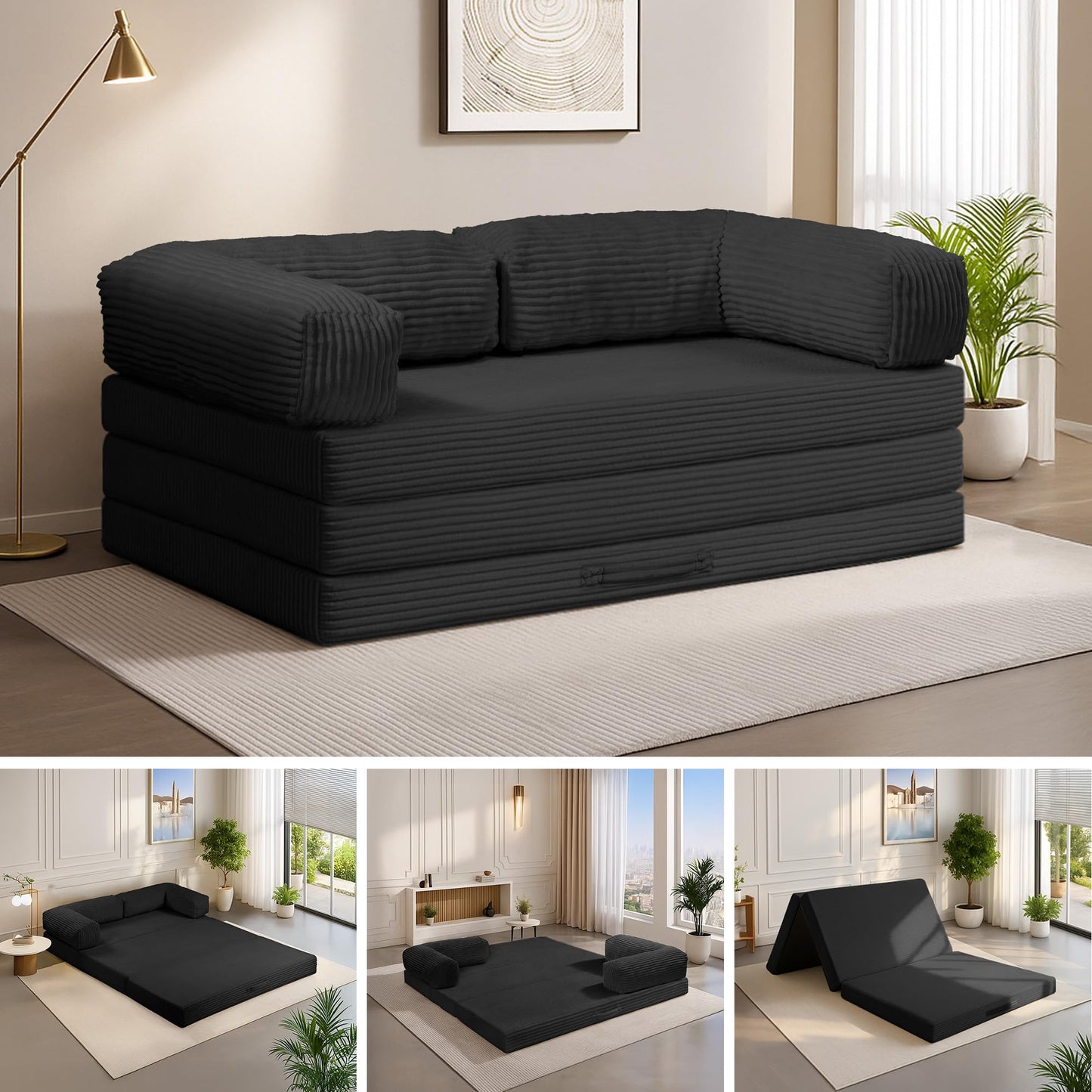 5-in-1 Convertible Sofa Bed,60" Boneless Couch Tri Folding Floor Mattress with Removable L-Shaped Armrests & Handle,Corduroy Futon Couch Sleeper with Pull Out Bed for Living Room Bedroom Apartment