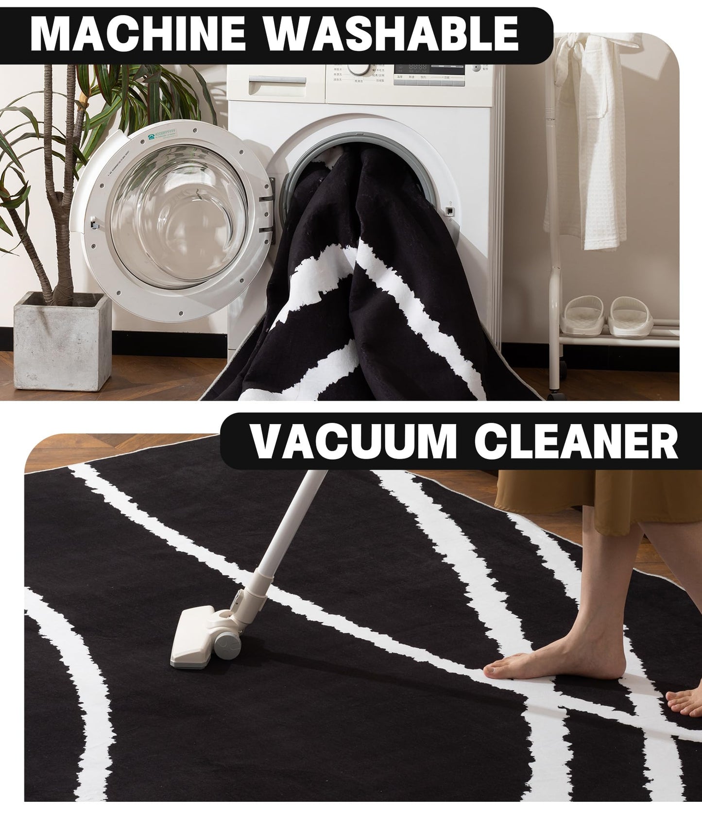YIHOUSE Black Modern Area Rugs 9x12,Large Black and White Washable Rug for Living Room,Minimalist Striped Area Rug,Thin Abstract Geometric Rug 9x12 for Bedroom,Kitchen,Office