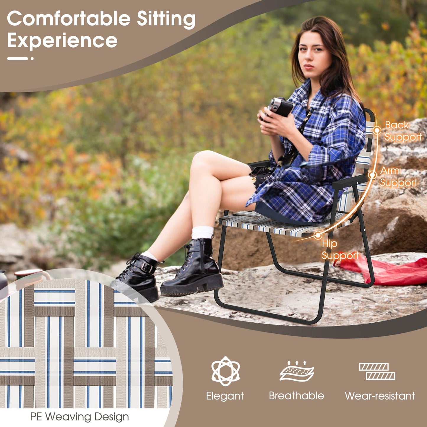 Giantex Beach Chairs for Adults 6-Pack - Camping Chair with Steel Frame, Set of 6 Lightweight Folding Directors Chairs, Outdoor Webbing Chair for Patio, Fishing, Yard, Poolside Lawn (Khaki)