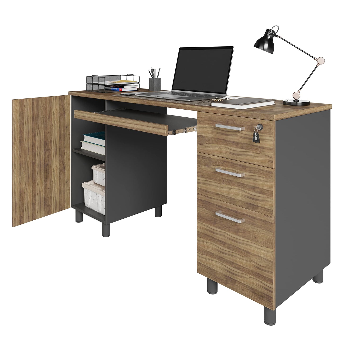Modern Design Venice Computer Desk with Lockable Drawers, 53 Inch Home Office Desk with Storage Cabinet, Keyboard Tray & Cable Management, Modern Study Writing Desk for Small Spaces, Walnut and Black