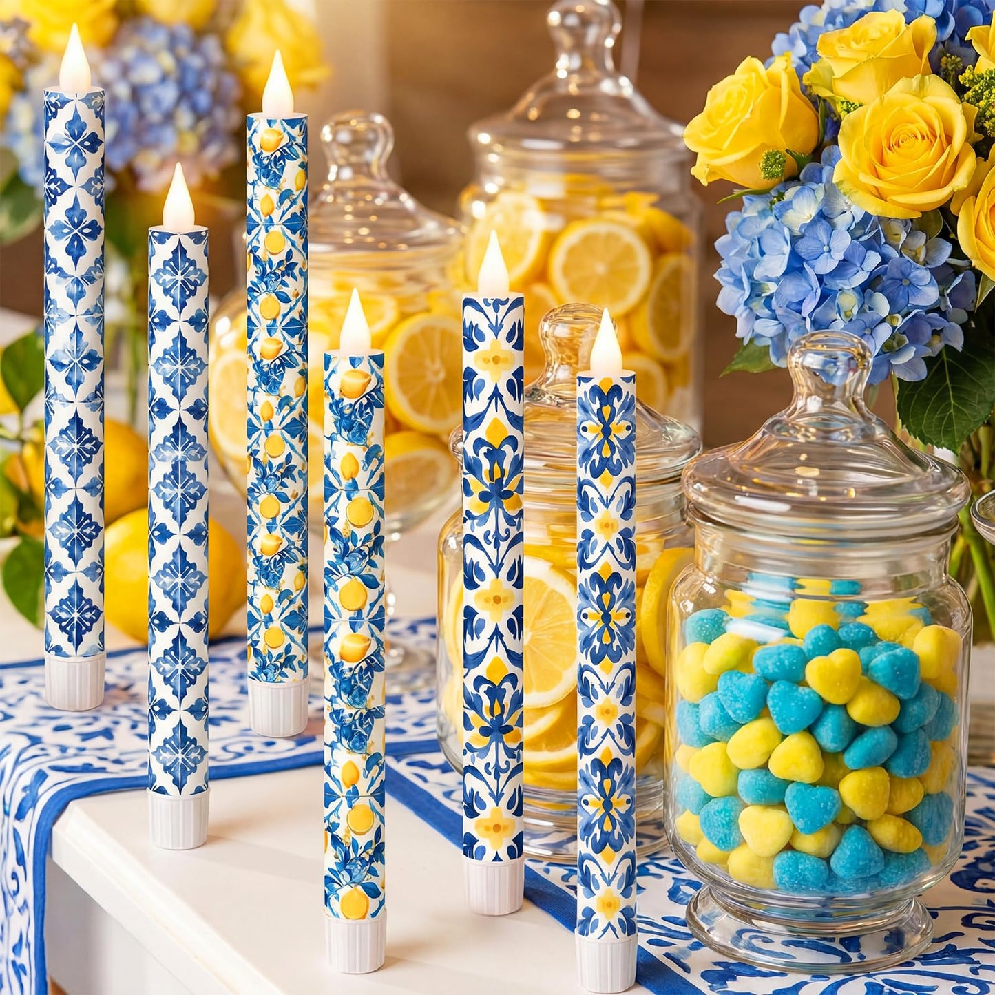 Lyrow 6 Pcs Amalfi Coast Party Decorations Mediterranean Flameless Candles LED 11 Inch Capri Lemon Table Candles Decor for Mediterranean Italian Summer Wedding Gifts Home Decor