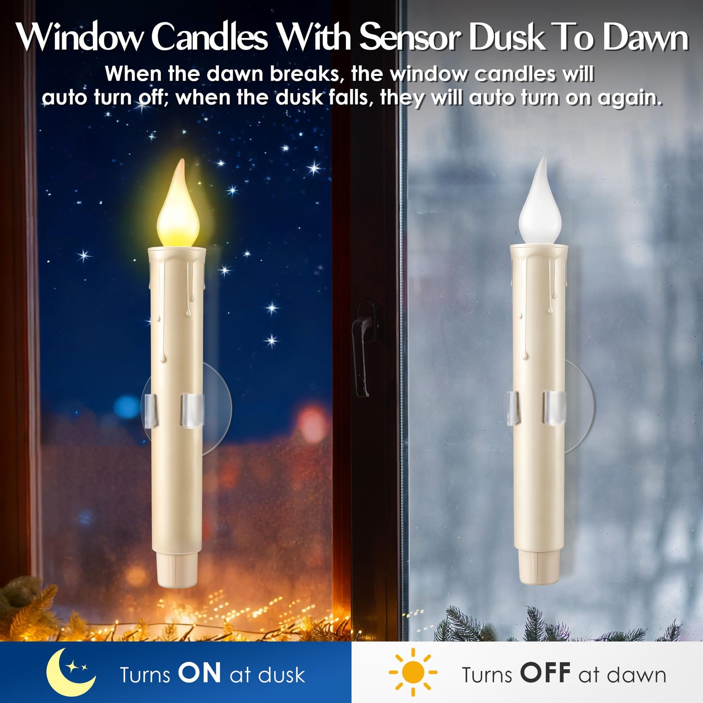 Enhon 12 Pcs Battery Operated Window Candles, Ivory LED Christmas Window Candles with Sensor Dusk to Dawn, Cordless Flameless Taper Candlestick with Battery & Suction Cup for Xmas Wedding Decorations