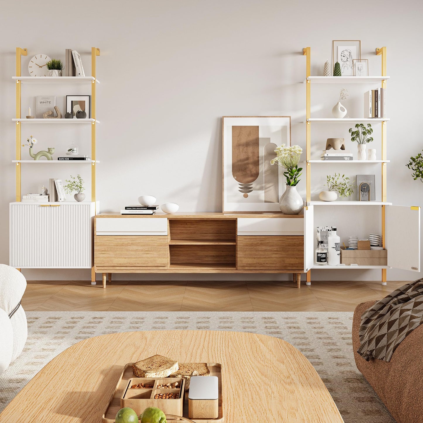 INNOD 74" Tall Bookshelf with Storage Cabinet, Modern Ladder Shelf with Wood and Metal Frame, Wall Mount Bookcase Open Display Shelf Furniture for Living Room, Bedroom, Home Office, Gold