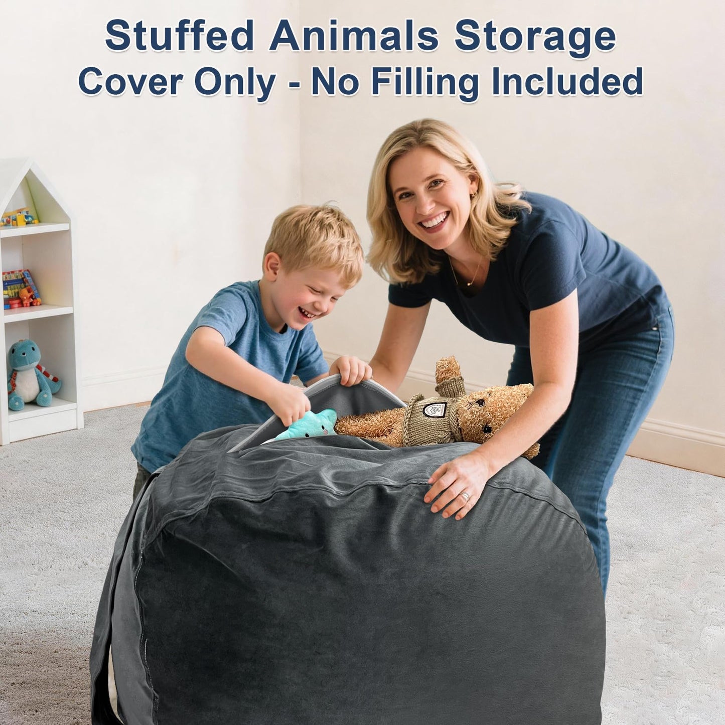 Lukeight Stuffed Animals Storage Bean Bag Chair Cover for Kids and Toddlers, Cozy Velvet Plush Toy Organizer Seat, Cover Only, No Filling Included, Long YKK Zipper, Side Pocket, Large 27 x 16 in
