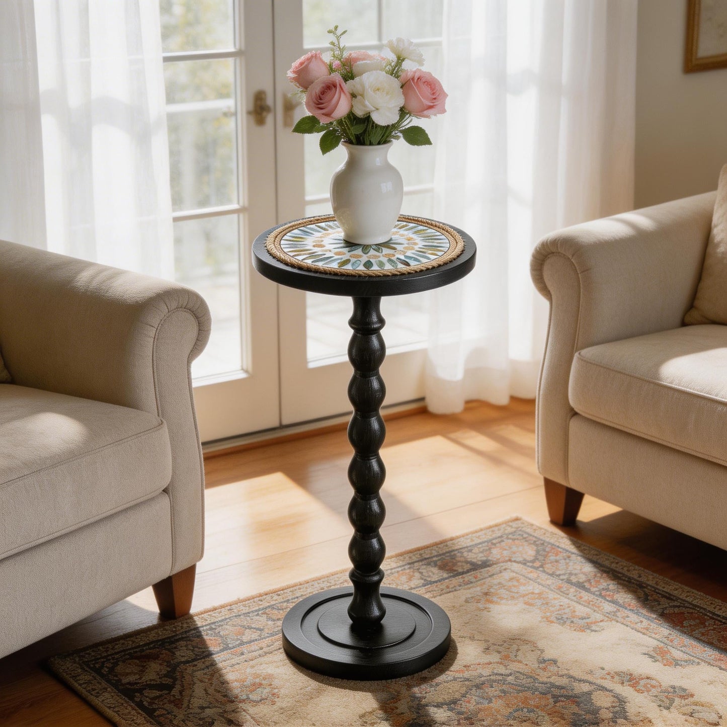 WALNDUX Round Side Table, Small Drink Table for Small Spaces, Rustic Accent Nightstand with Solid Wood Leg for Living Room, Bedroom, Corners, and Office, Handcrafted Finish (Black)
