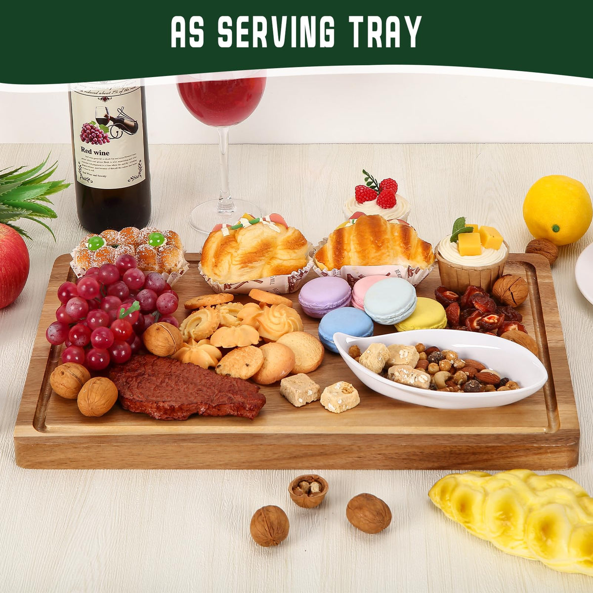 XL Cutting Board, 18x12 Large Acacia Wooden Cutting Board for Kitchen, Edge Grain Wood Chopping Board with Juice Groove and Handles, Pre-Oiled Carving Tray for Meat & Cheese
