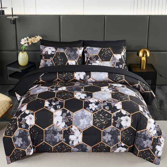 ZRNBAST 7 Pieces King Comforter Sets, Black Geometric Bed in A Bag with Sheets, Floral Print Bedding Sets, Soft Lightweight Microfiber Bed Set for All Season(Black Floral,King)