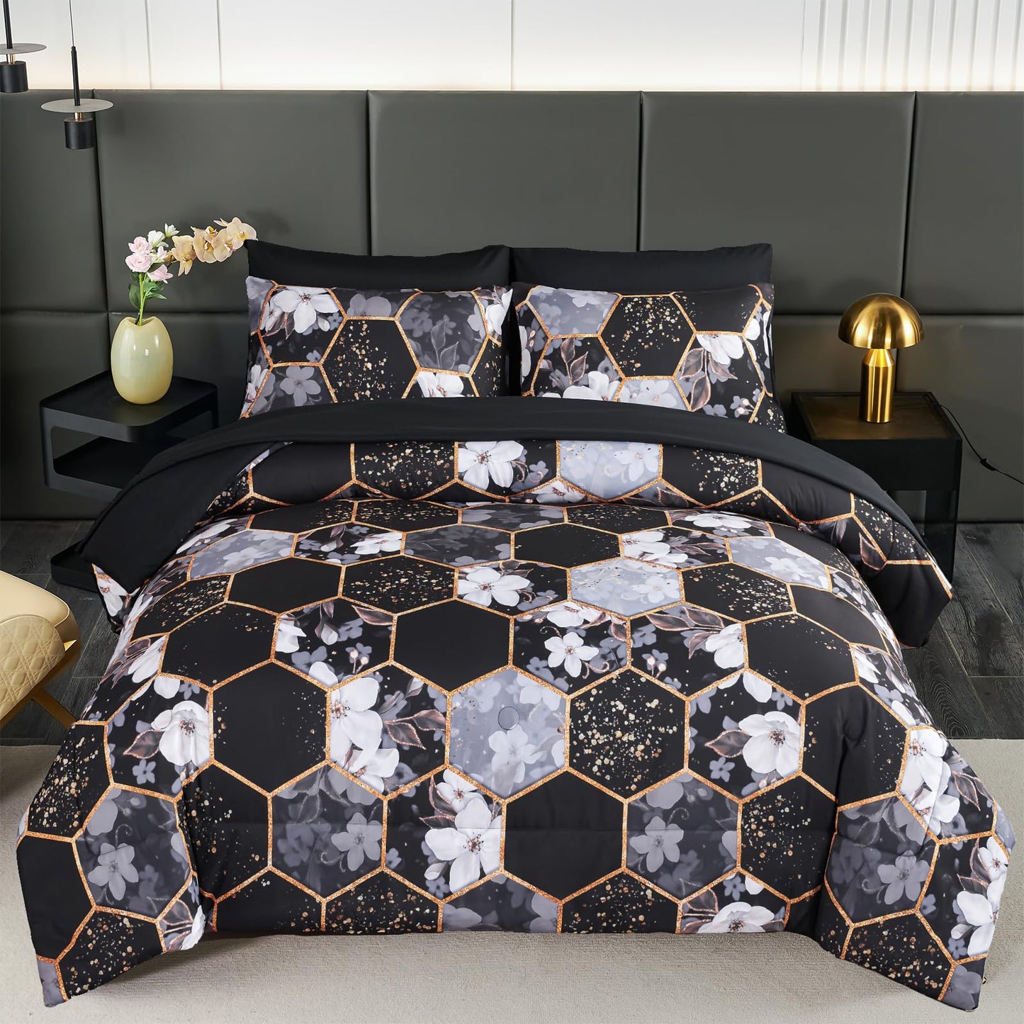 ZRNBAST 7 Pieces Queen Comforter Set, Black Geometric Bed in A Bag with Sheets, Floral Print Bedding Sets, Soft Lightweight Microfiber Bed Set for All Season(Black Floral,Queen)