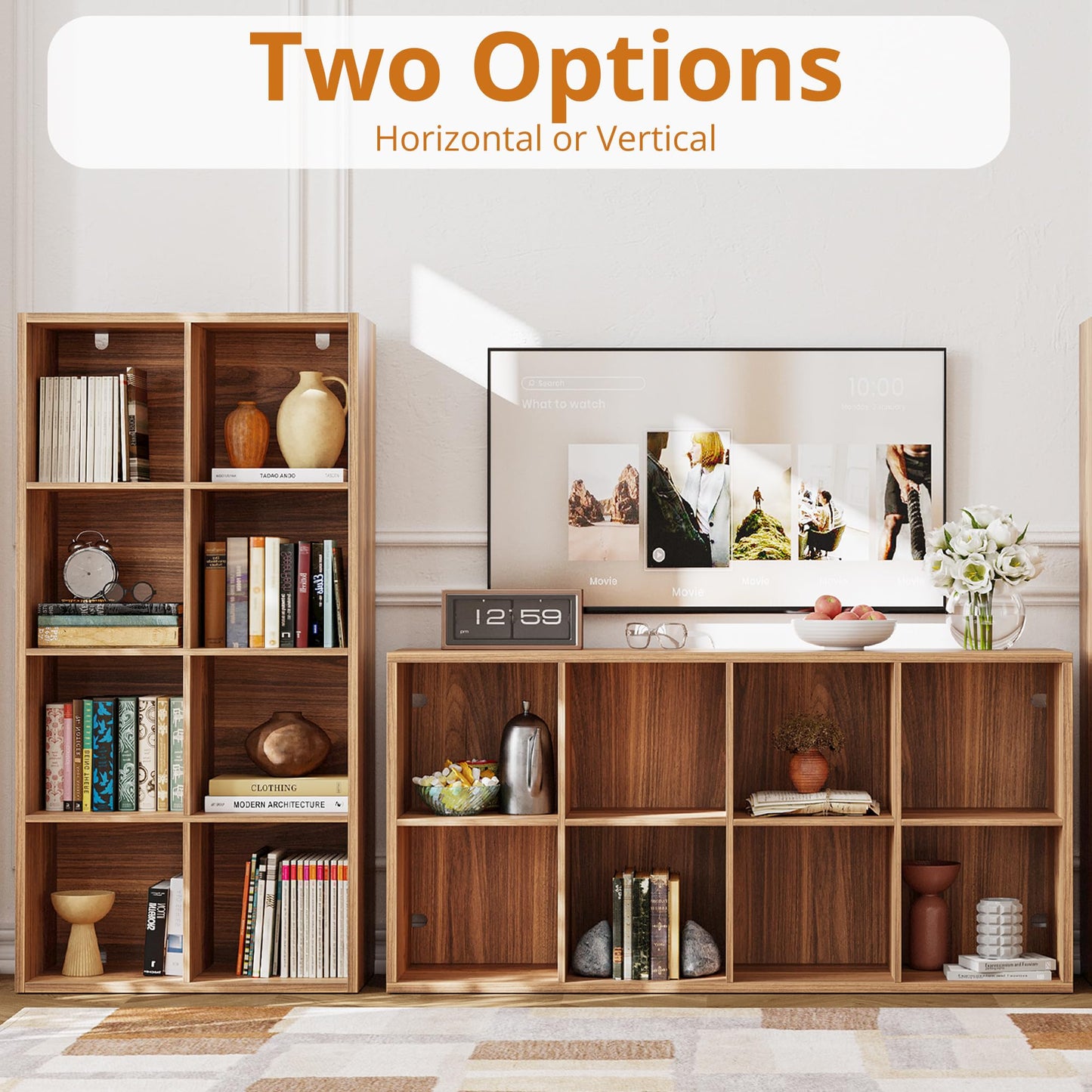 IRONCK Bookshelf, 8-Cube Storage Cube Shelf Organizer, Extra Thick Frame Horizontally & Vertically Reversible Bookcase with Open for Living Room, Bedroom, Home Office, Oak Brown