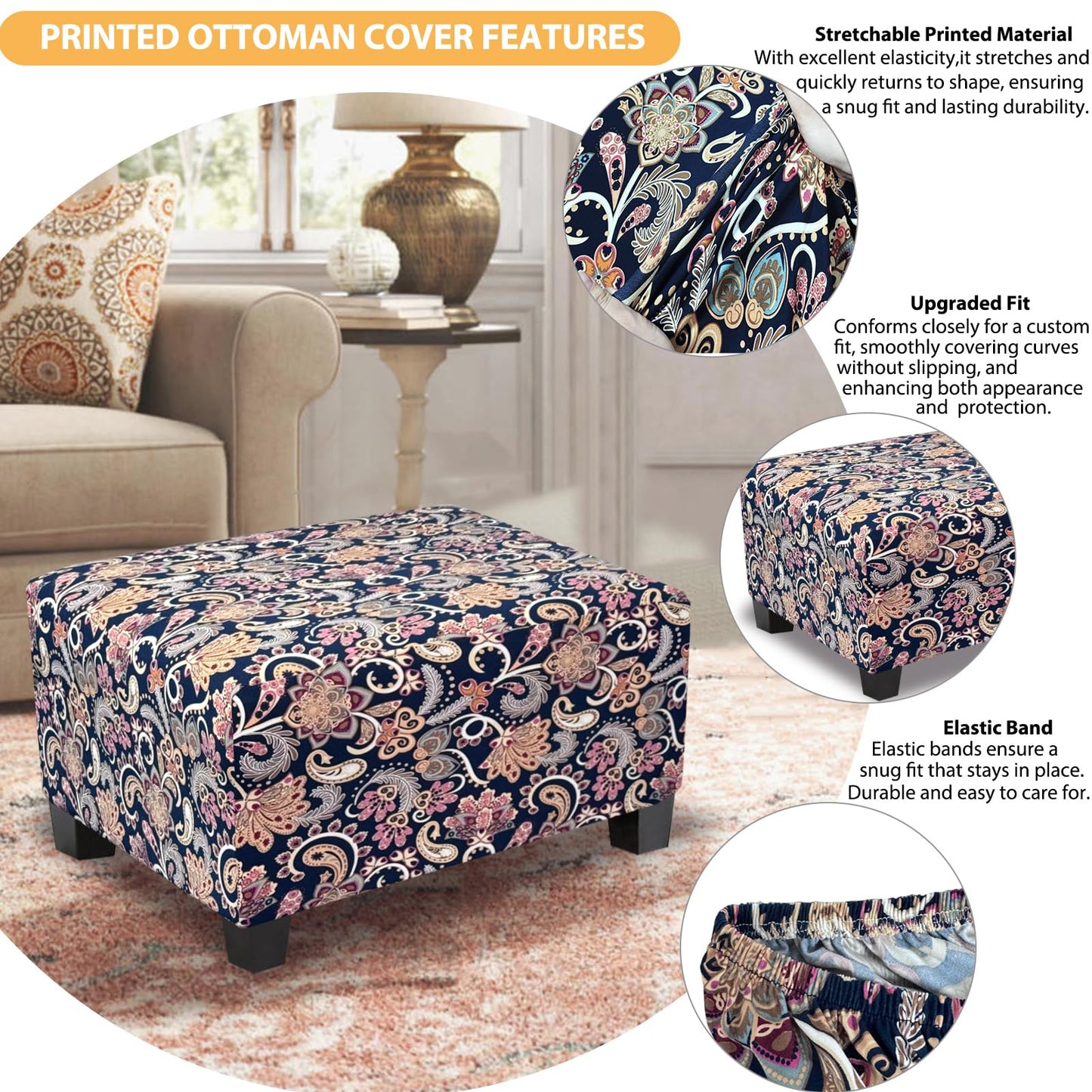 TOPHMDECOR Ottoman Cover Rectangle Printed,Stretch Footstool Slipcover with Elastic Bottom,Soft Fabric Protector for Rectangular Ottoman in Living Room or Bedroom,Medium,Flower H