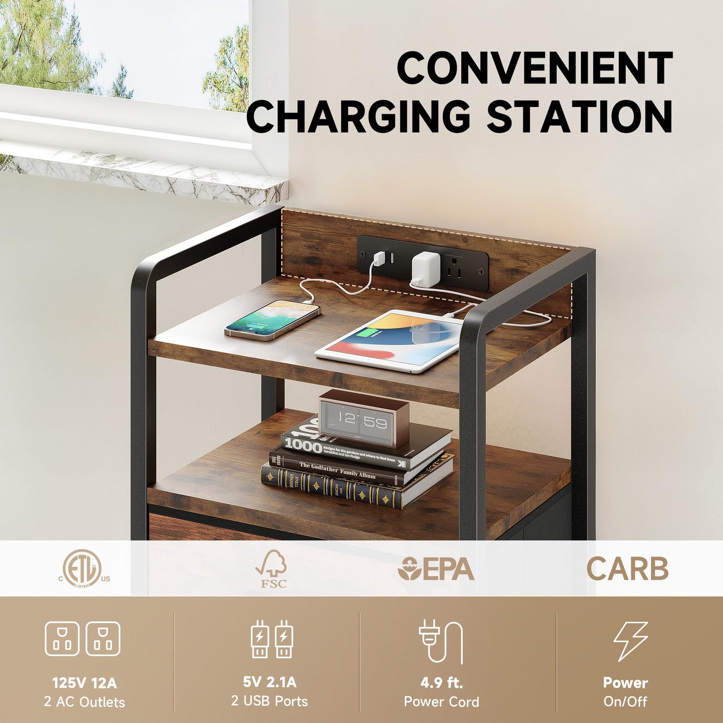 Lazzanto Night Stand Bedside Table Bedroom - Nightstand with Charging Station & LED Light Strip, Bed Side End Table with Storage Shelf & 3 Fabric Drawers, U-S-B Ports & AC Outlets, Rustic Brown