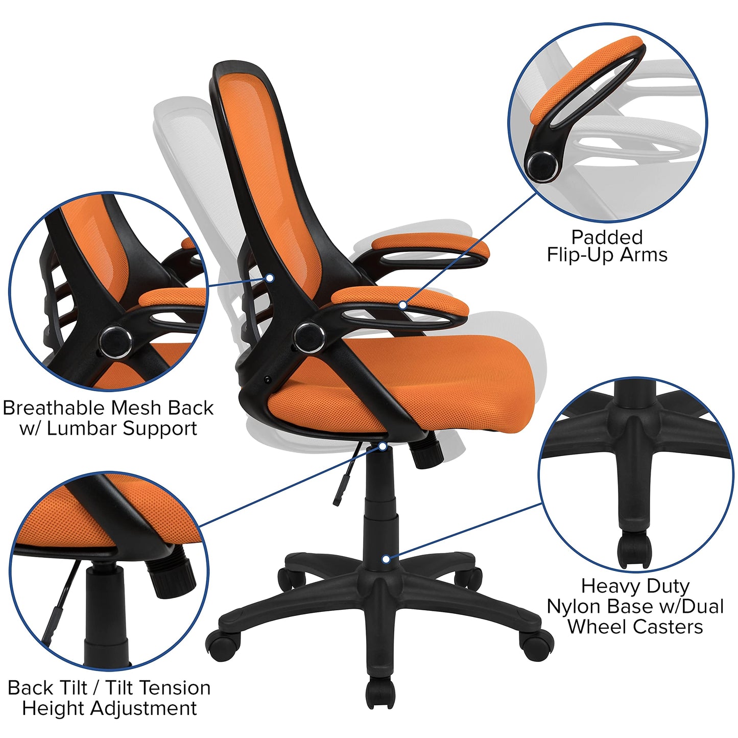 Flash Furniture Porter Mesh High Back Ergonomic Swivel Office Chair with Lumbar Support, Flip-Up Arms, Tilt Lock/Tilt Tension, Height Adjustable, Black/Black Frame