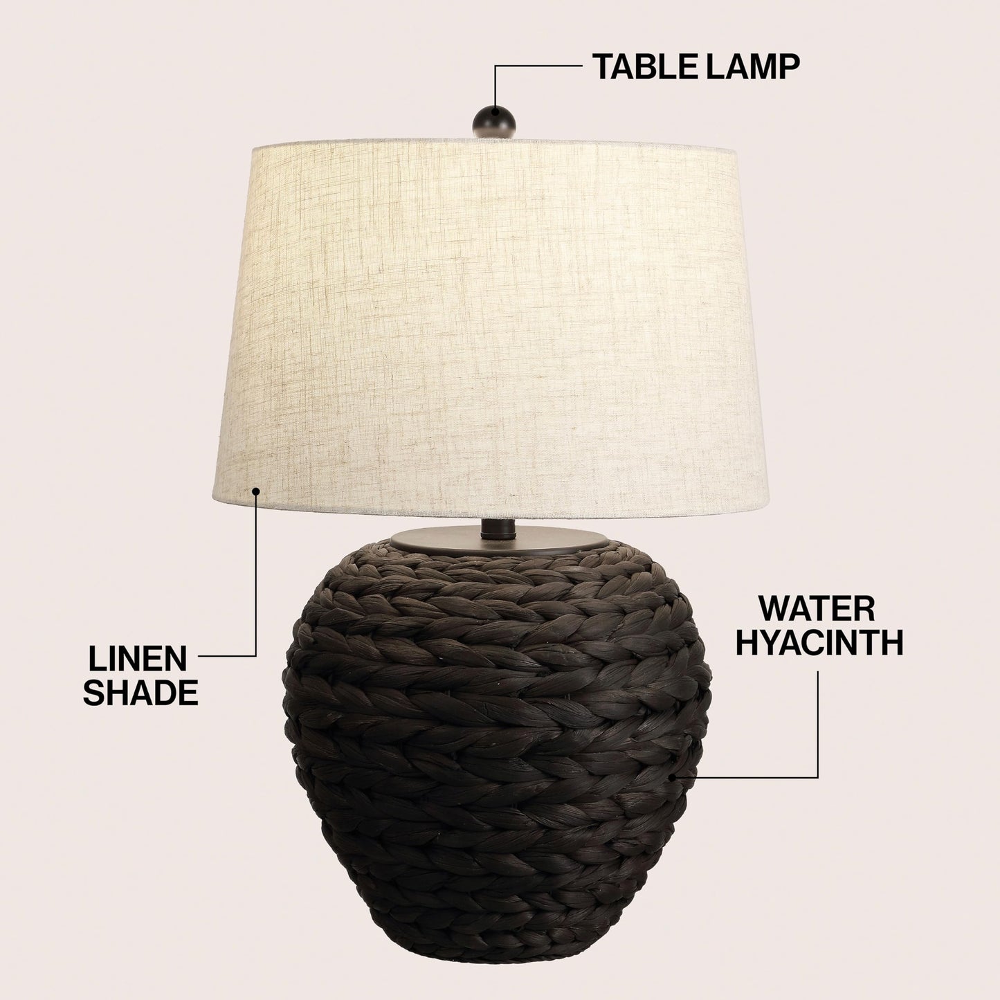 JONATHAN Y 24.5" Black Water Hyacinth Farmhouse Basket Table Lamp, Coastal Decor for Living Room Bedroom Nightstand, Light Gray Linen Shade, LED Bulb Included (JYL6501D)