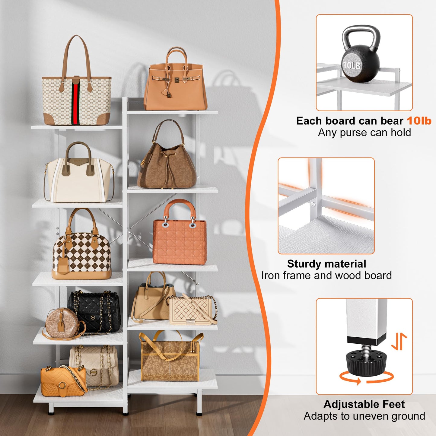 Aquzee Purse Display Shelf, 5 Tier Purse Rack, Tall Purse Organizer, Bag Handbag Organizers for Women Closet Cloakroom Bedroom Entryway, White