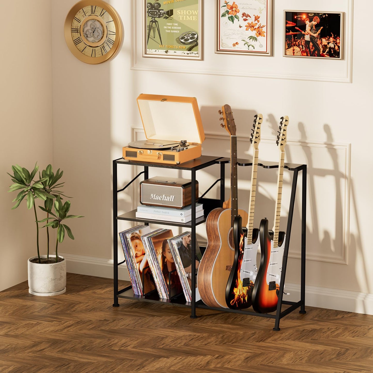 Hosfais Record Player Stand, 3 Tier Guitar Stand for Acoustic, Electric Guitar, Bass Stand, Vinyl Record Storage Up to 200 Albums, Brown Records Shelf for Living Room Bedroom (Black)