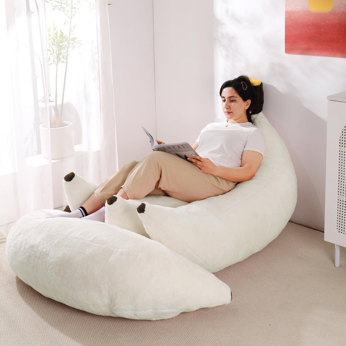 IEVENW Banana Bean Bag Chair with Ottoman, Floor Sofa Bed with Footrest, Comfy Convertible Lounger for Adults, Plush Couch for Bedroom, Living Room or Dorm, L-Cream