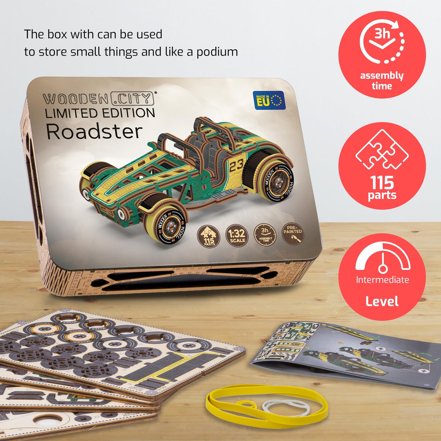 WOODEN.CITY Roadster LE 3D Wooden Puzzles for Adults – Build Your Own Roadster car with Rubber‑Band Motor – Self‑Assembly Model, DIY Gift for Adults and Teens