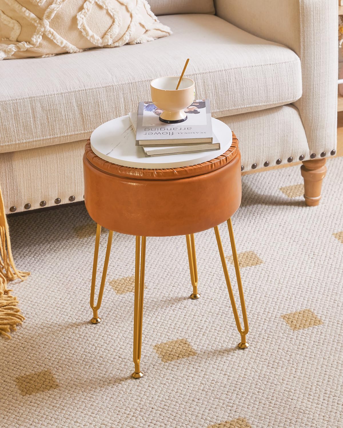 IBUYKE Faux Leather Round Footrest Stool with Storage Ottoman, Makeup Vanity Chair Side Table, PU Dressing Table Seat, Removable Cover, Golden Steel Legs, Light Brown WBD024J