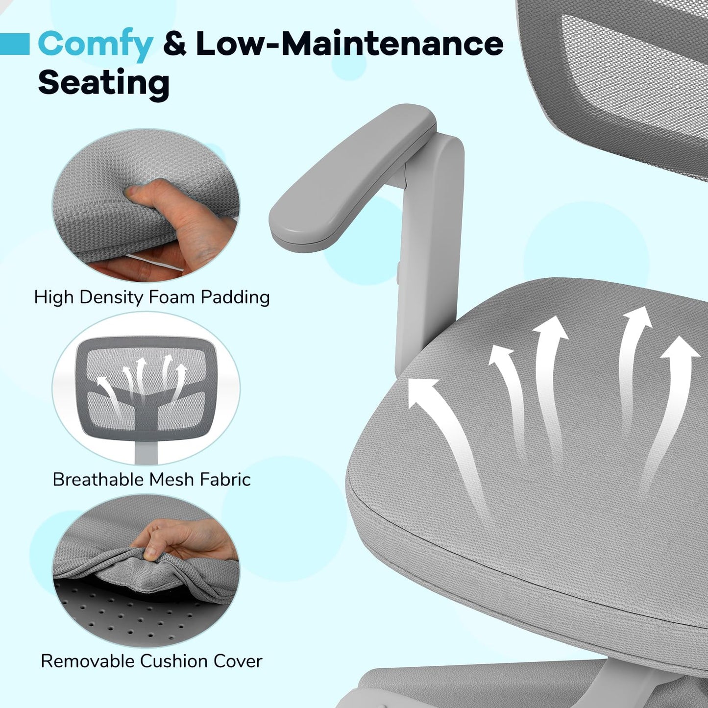Costzon Kids Desk Chair, Student Ergonomic Computer Chair with Wheels, Footrest, Adjustable Height, Flip-up Armrests & Soft Removable Cushion, Swivel Rolling Kids Office Chair for 3-15 (Gray)
