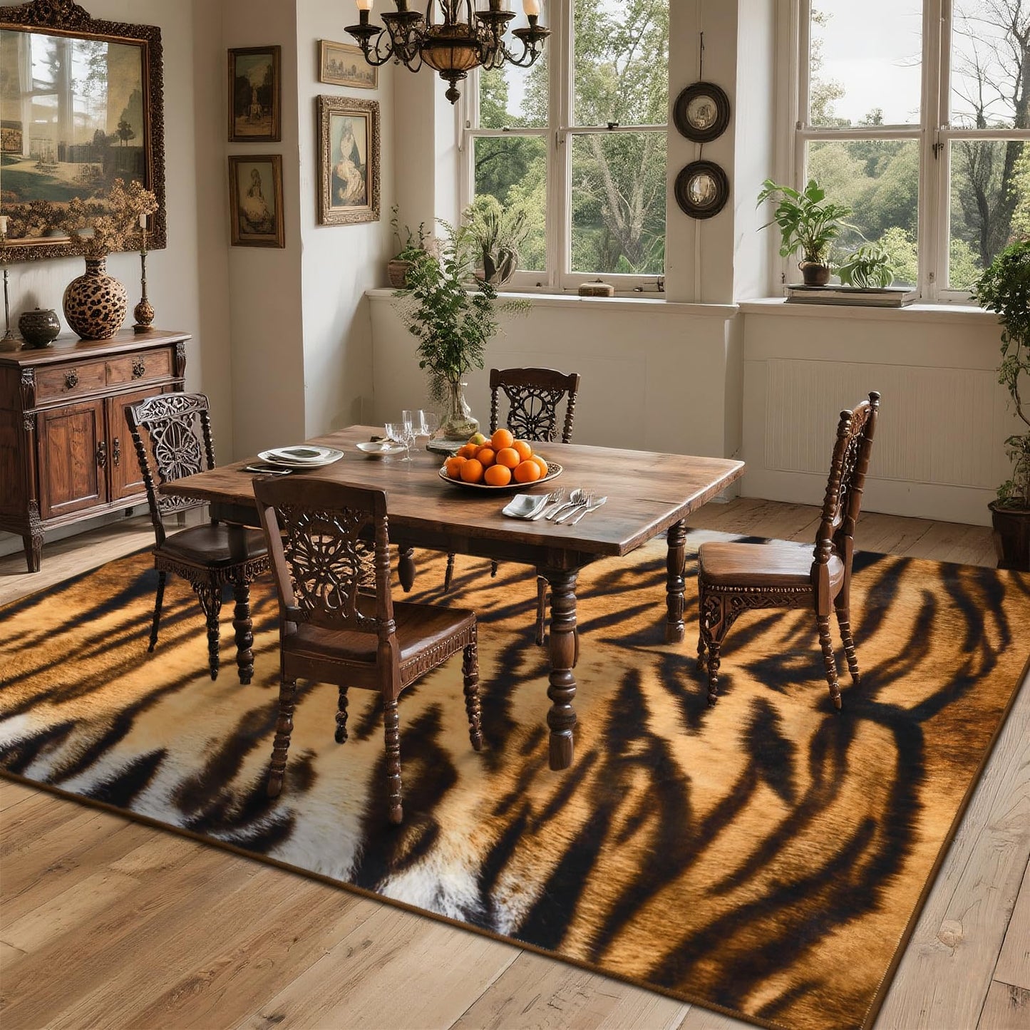 DweIke Tiger Rugs for Living Room, 5x7 Soft Faux Animal Tiger Print Area Rug, Washable Non-Slip Stain Resistant Throw Carpet for Dining Room Office Western Home Decor